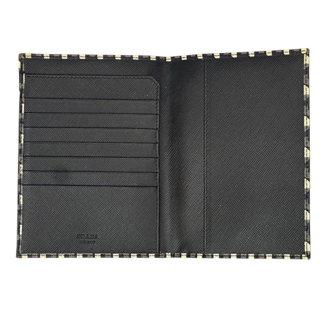 Prada Geometric Print Passport Holder – Black & Ivory Saffiano Leather Travel Wallet | Designer Travel Accessory