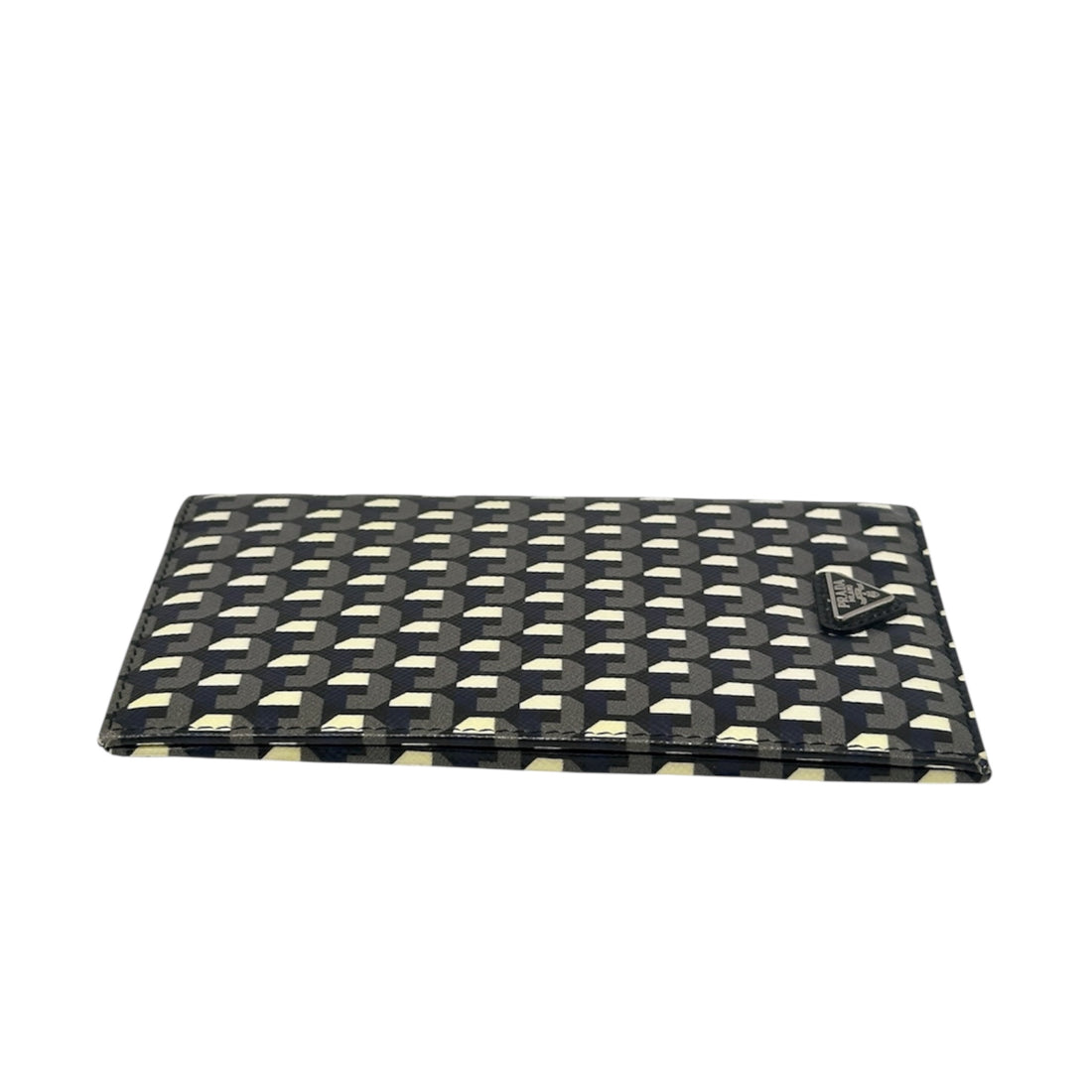 Prada Geometric Print Passport Holder – Black & Ivory Saffiano Leather Travel Wallet | Designer Travel Accessory