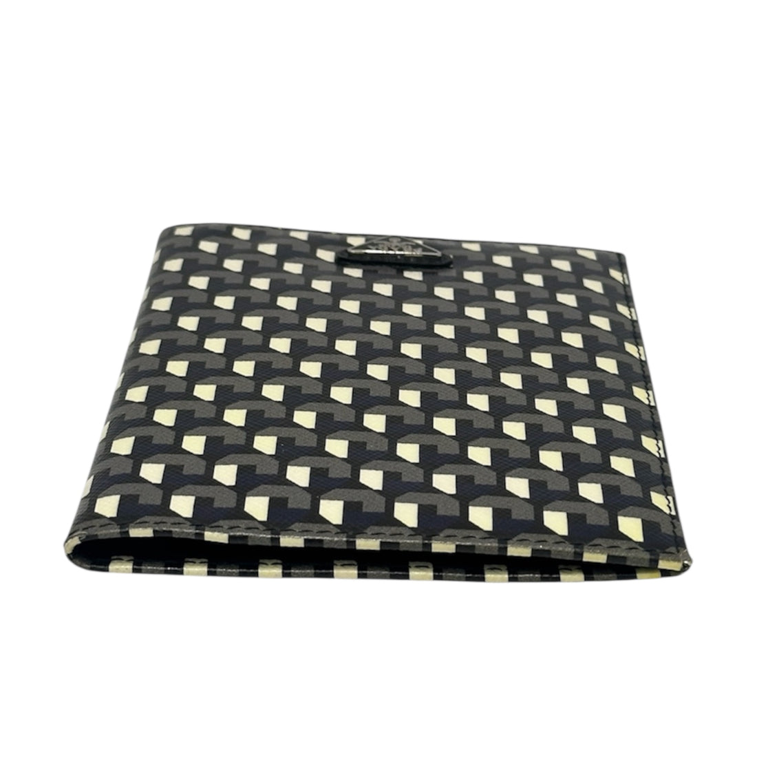 Prada Geometric Print Passport Holder – Black & Ivory Saffiano Leather Travel Wallet | Designer Travel Accessory