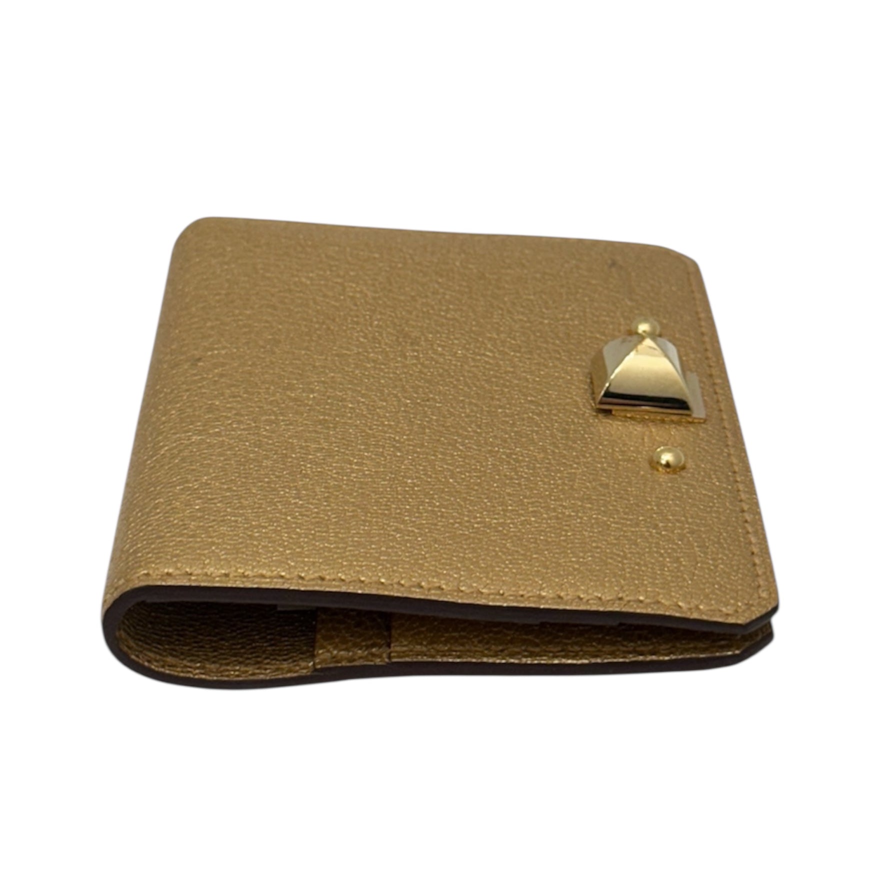 Hermès Metallic Gold Leather Cardholder – Compact Luxury Wallet with Pyramid Stud