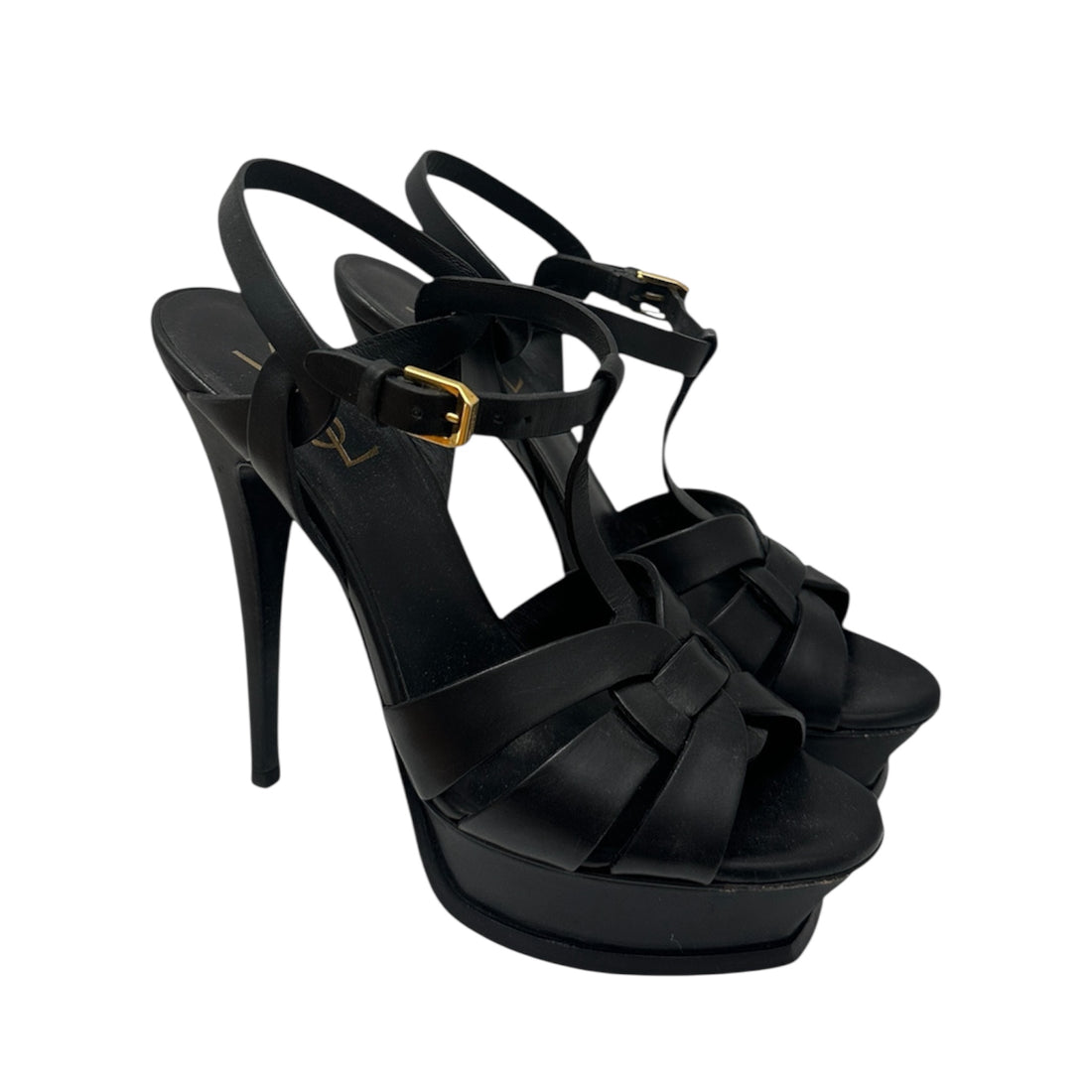 Yves Saint Laurent Tribute Platform Sandals – Black Leather Strappy Heels | Iconic YSL Designer Shoes – Size 38.5
