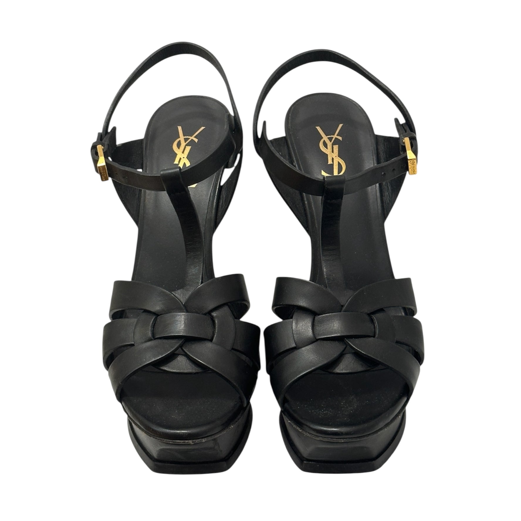 Yves Saint Laurent Tribute Platform Sandals – Black Leather Strappy Heels | Iconic YSL Designer Shoes – Size 38.5