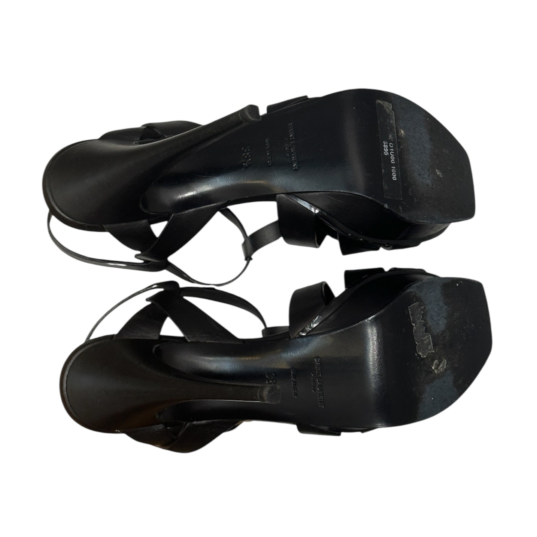 Yves Saint Laurent Tribute Platform Sandals – Black Leather Strappy Heels | Iconic YSL Designer Shoes – Size 38.5