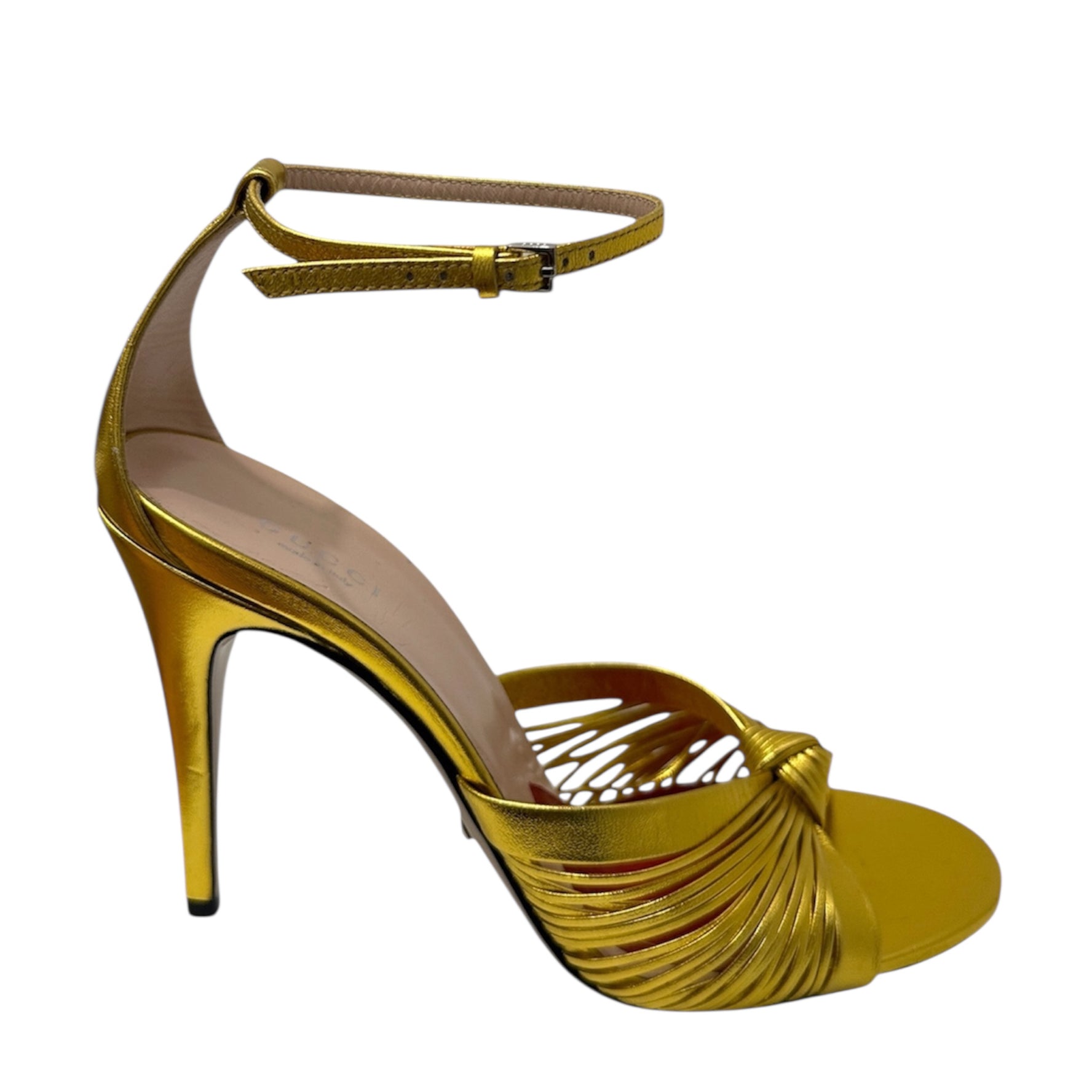 Gucci Metallic Gold Strappy High Heel Sandals – Knot Detail Ankle Strap Heels | Designer Statement Shoes Made in Italy – Size 39