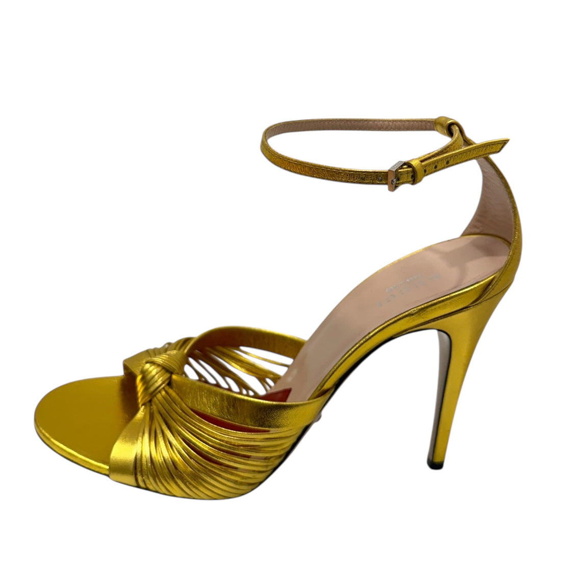 Gucci Metallic Gold Strappy High Heel Sandals – Knot Detail Ankle Strap Heels | Designer Statement Shoes Made in Italy – Size 39