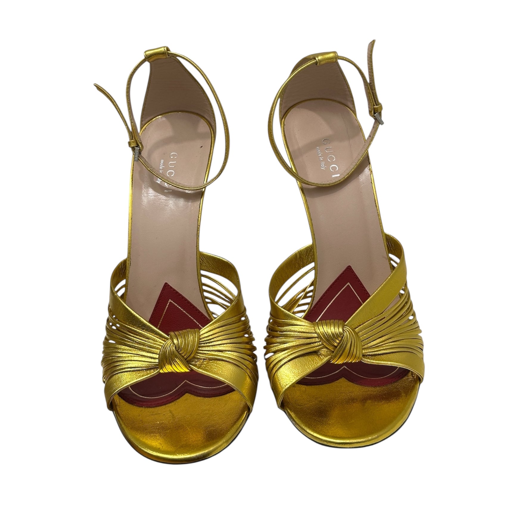 Gucci Metallic Gold Strappy High Heel Sandals – Knot Detail Ankle Strap Heels | Designer Statement Shoes Made in Italy – Size 39