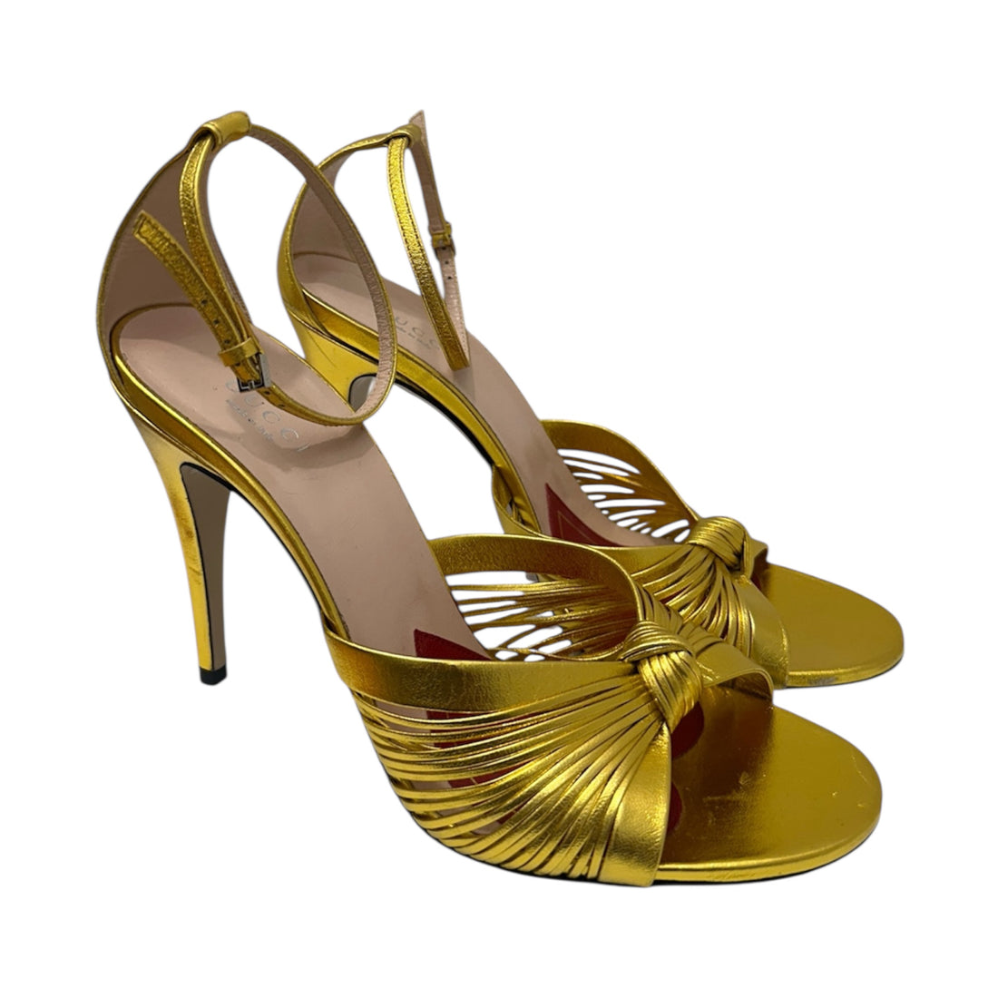 Gucci Metallic Gold Strappy High Heel Sandals – Knot Detail Ankle Strap Heels | Designer Statement Shoes Made in Italy – Size 39