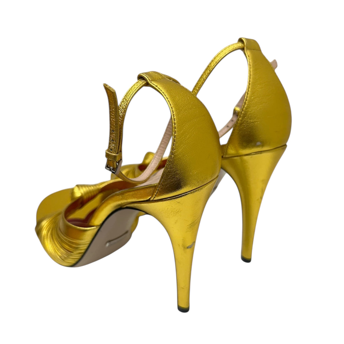 Gucci Metallic Gold Strappy High Heel Sandals – Knot Detail Ankle Strap Heels | Designer Statement Shoes Made in Italy – Size 39