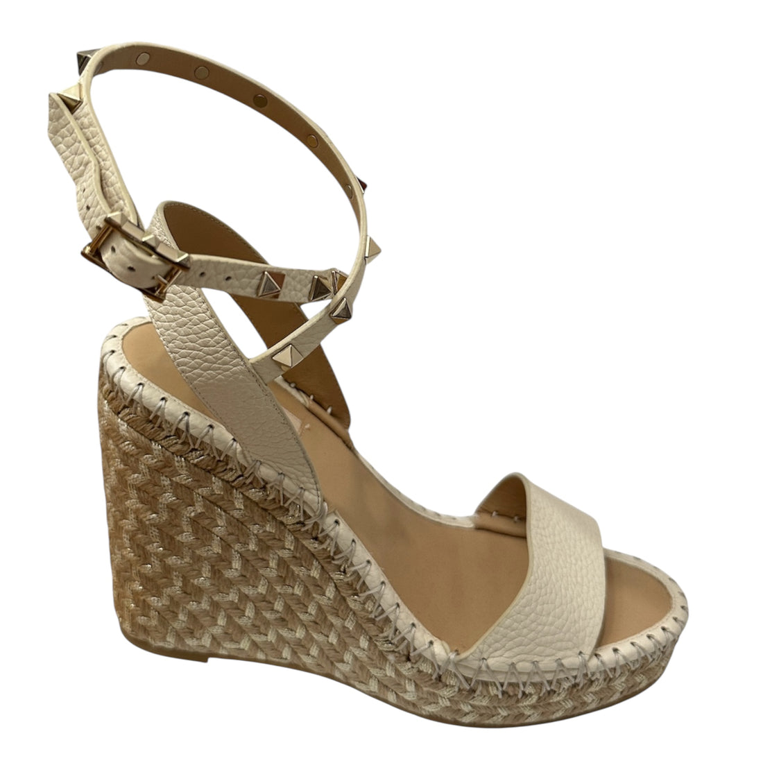 Valentino Garavani Rockstud Wedge Espadrilles – Pebbled Leather Ankle Strap Sandals | Designer Platform Shoes Made in Italy – Size 39
