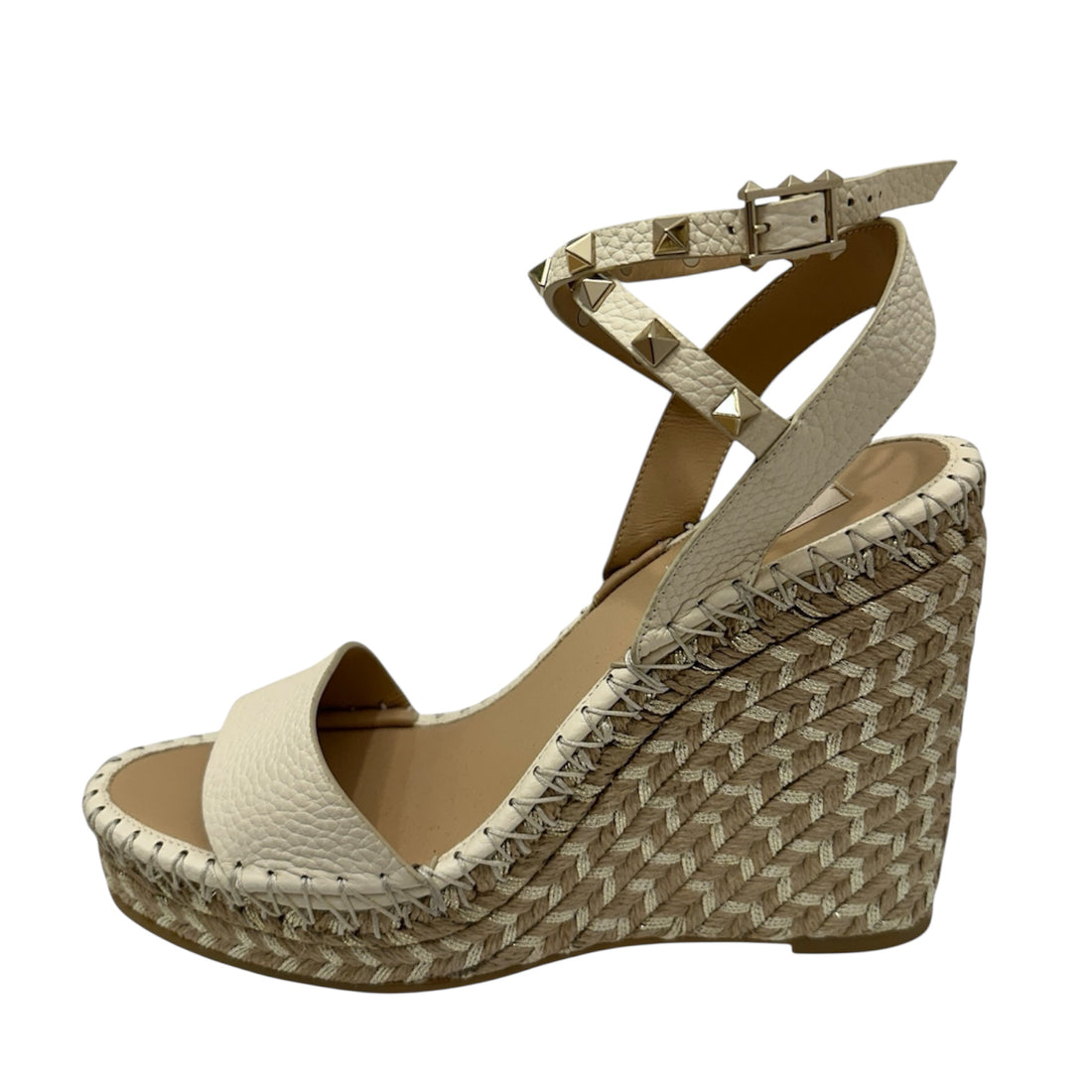 Valentino Garavani Rockstud Wedge Espadrilles – Pebbled Leather Ankle Strap Sandals | Designer Platform Shoes Made in Italy – Size 39