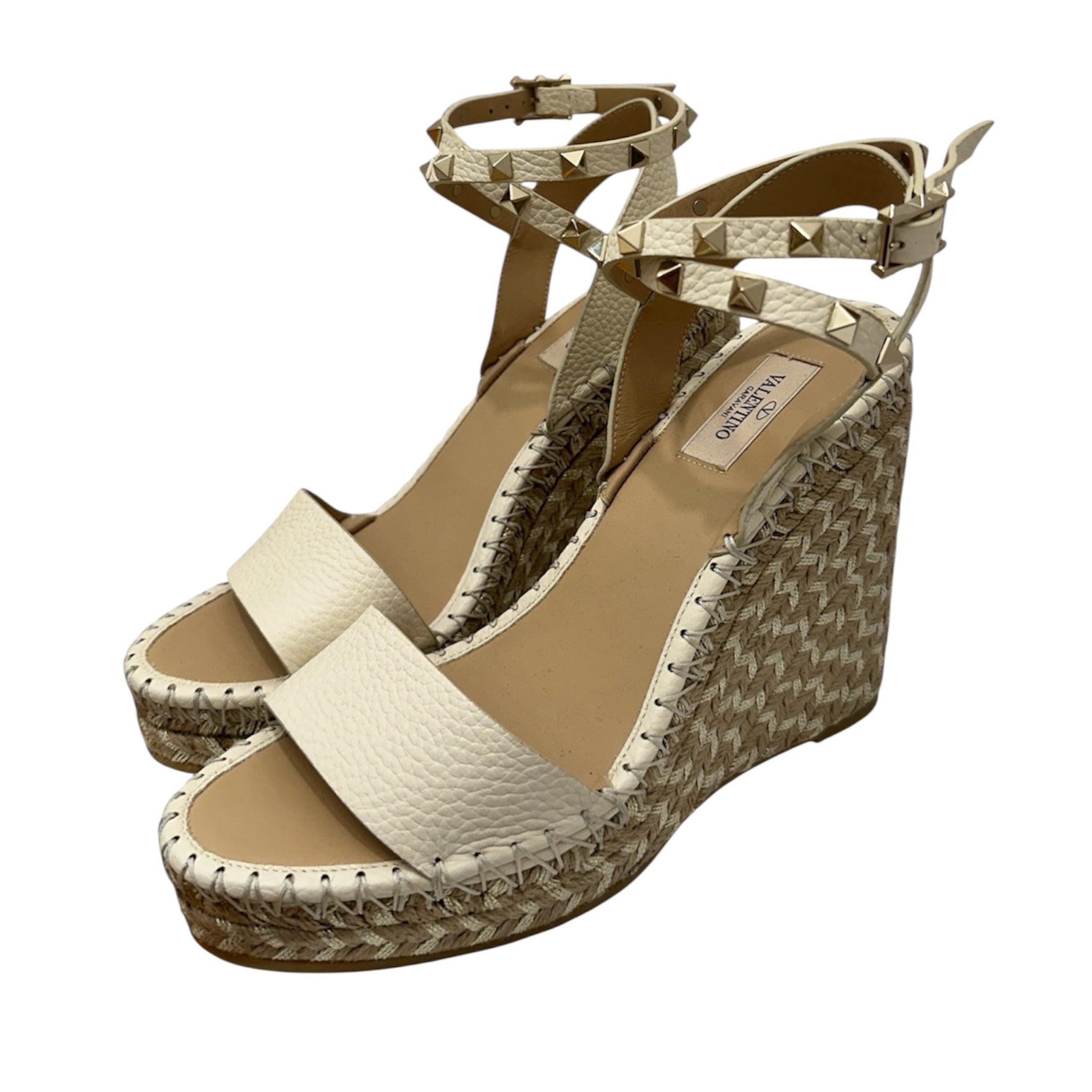 Valentino Garavani Rockstud Wedge Espadrilles – Pebbled Leather Ankle Strap Sandals | Designer Platform Shoes Made in Italy – Size 39