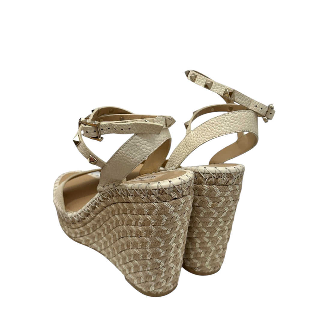 Valentino Garavani Rockstud Wedge Espadrilles – Pebbled Leather Ankle Strap Sandals | Designer Platform Shoes Made in Italy – Size 39