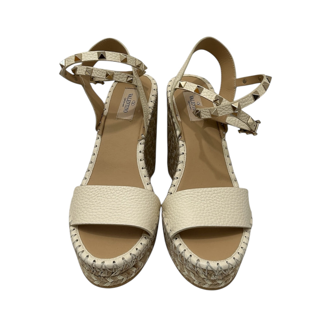 Valentino Garavani Rockstud Wedge Espadrilles – Pebbled Leather Ankle Strap Sandals | Designer Platform Shoes Made in Italy – Size 39