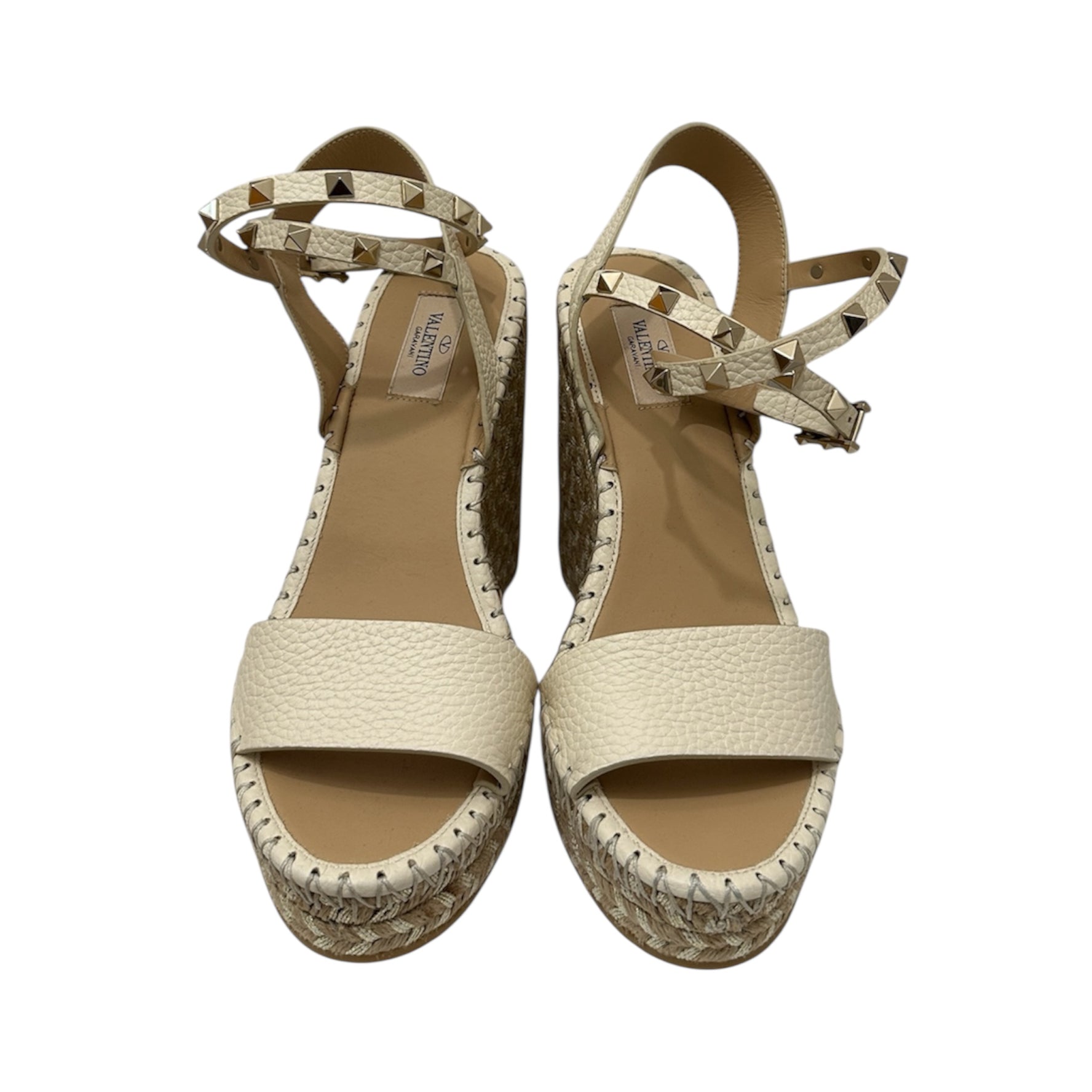 Valentino Garavani Rockstud Wedge Espadrilles – Pebbled Leather Ankle Strap Sandals | Designer Platform Shoes Made in Italy – Size 39