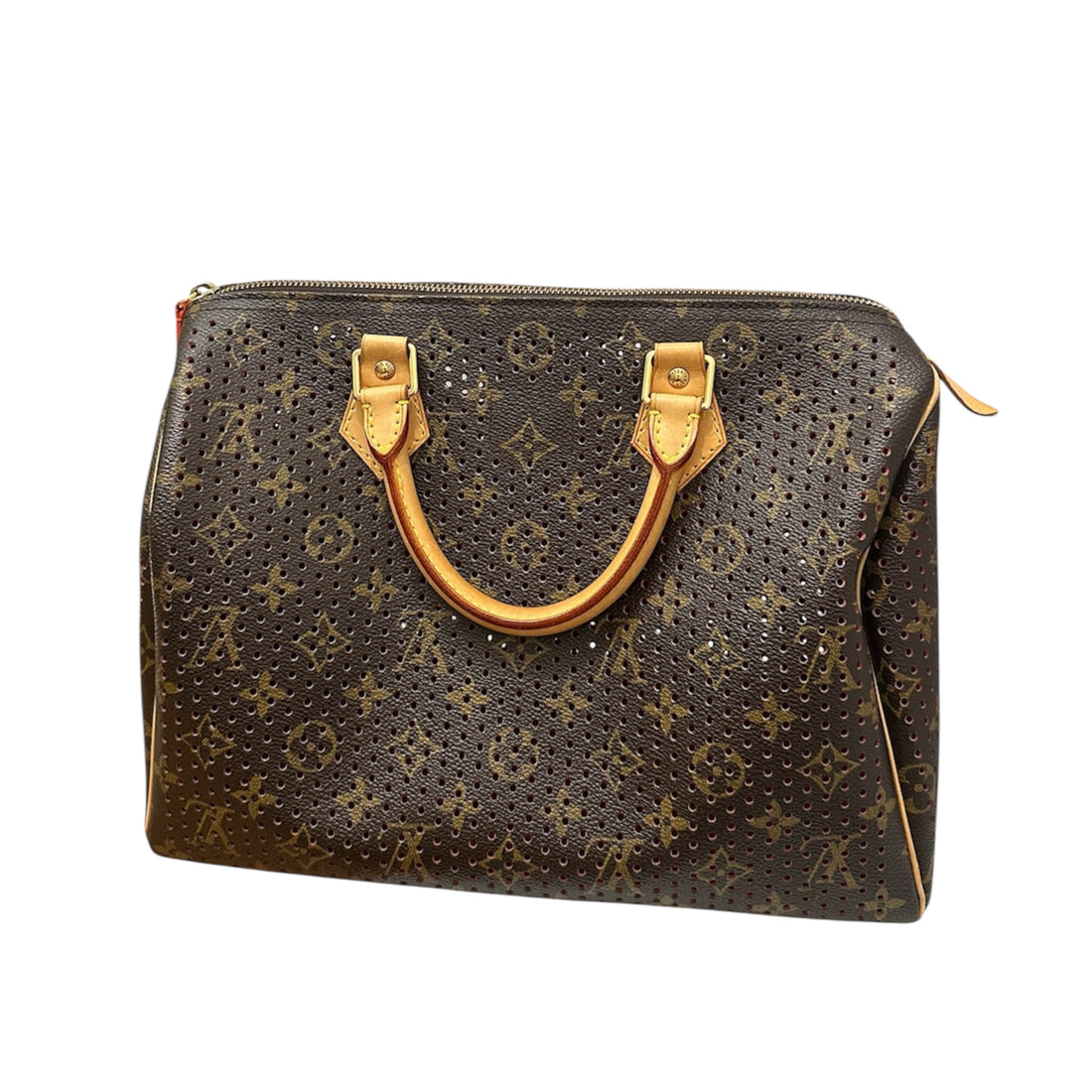 Louis Vuitton Monogram Perforated Speedy 30 – Limited Edition Brown Canvas Satchel with Red Underlay & Vachetta Leather