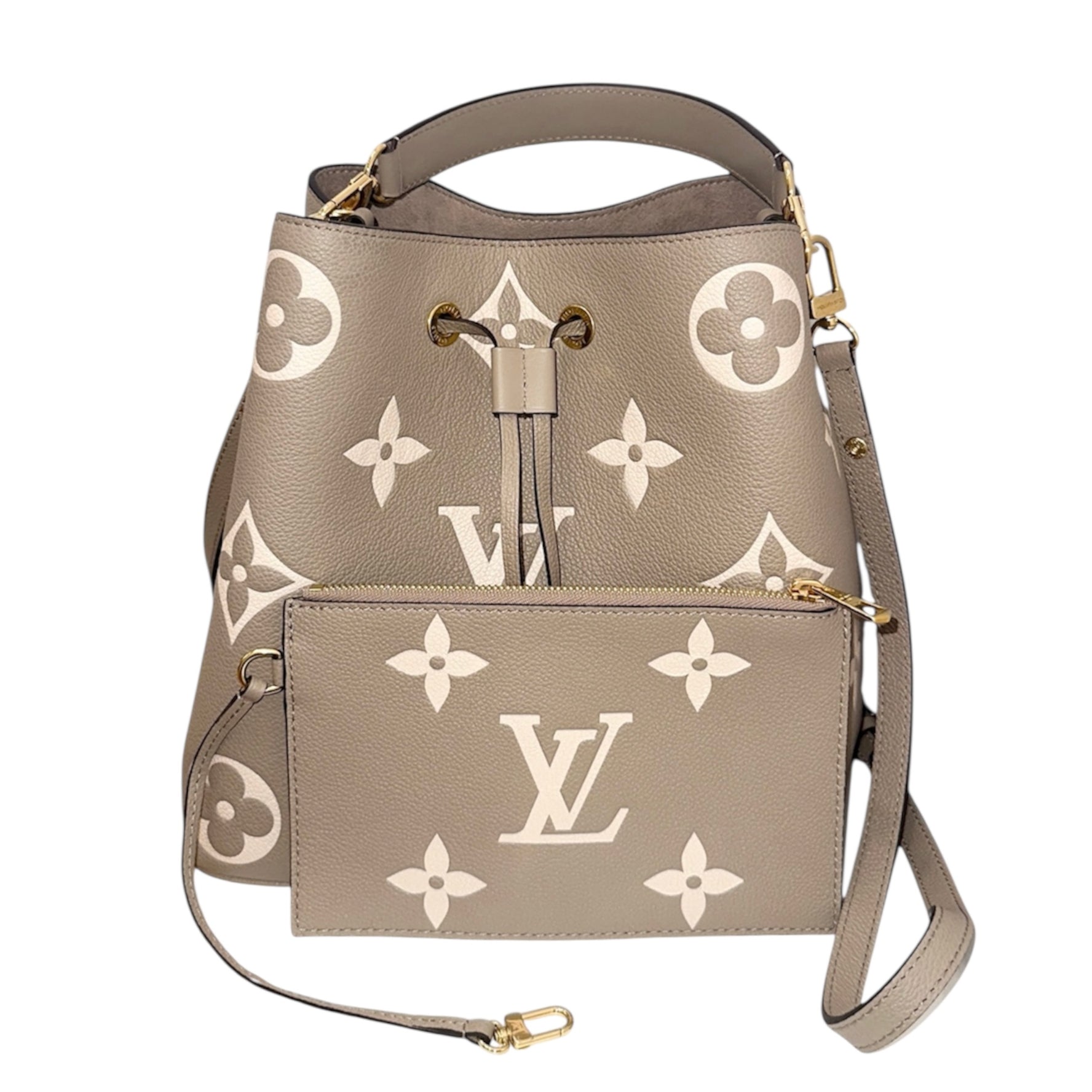 Louis Vuitton NeoNoé BB in Galet Monogram Empreinte Leather – Drawstring Bucket Bag with Removable Crossbody Strap & Pouch