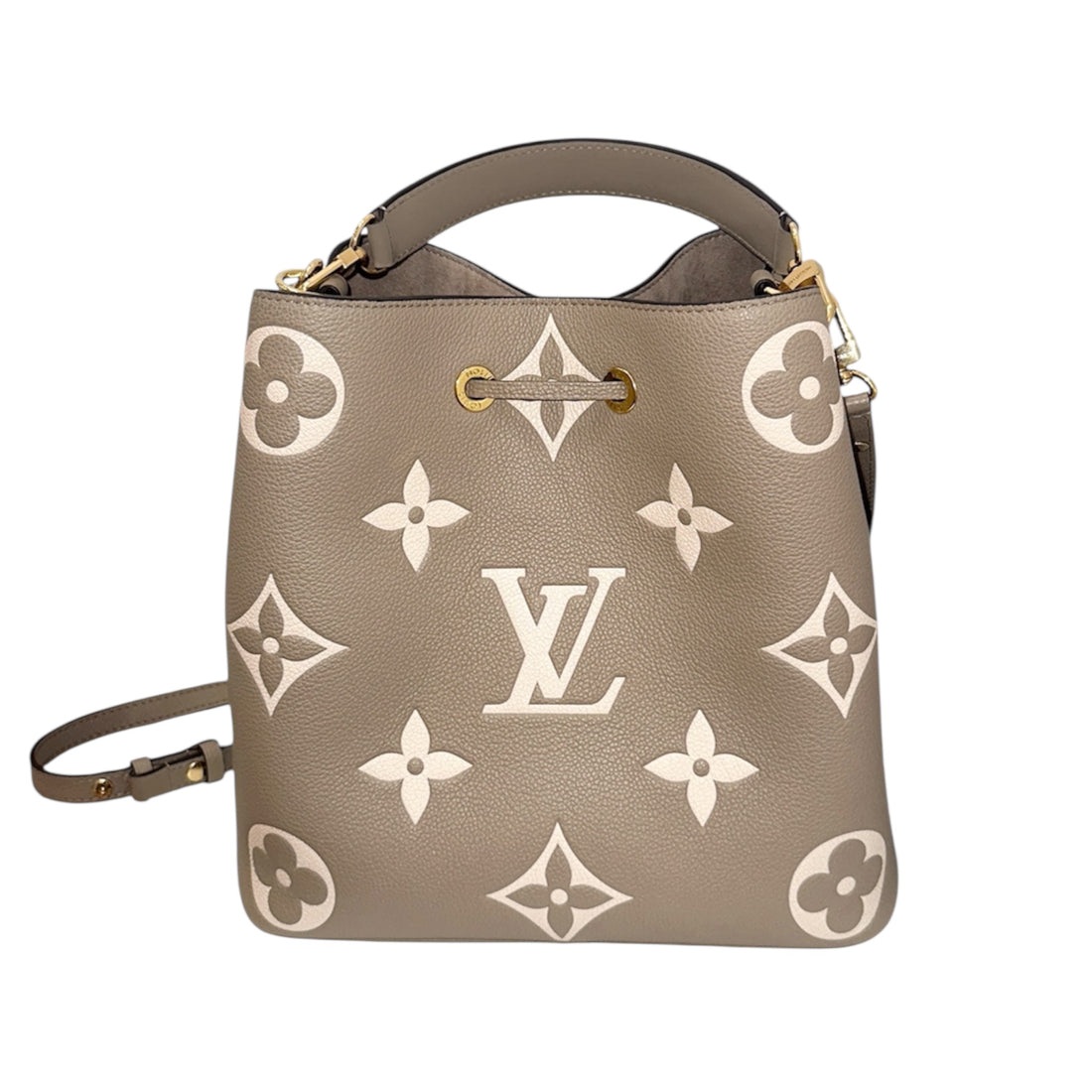 Louis Vuitton NeoNoé BB in Galet Monogram Empreinte Leather – Drawstring Bucket Bag with Removable Crossbody Strap & Pouch
