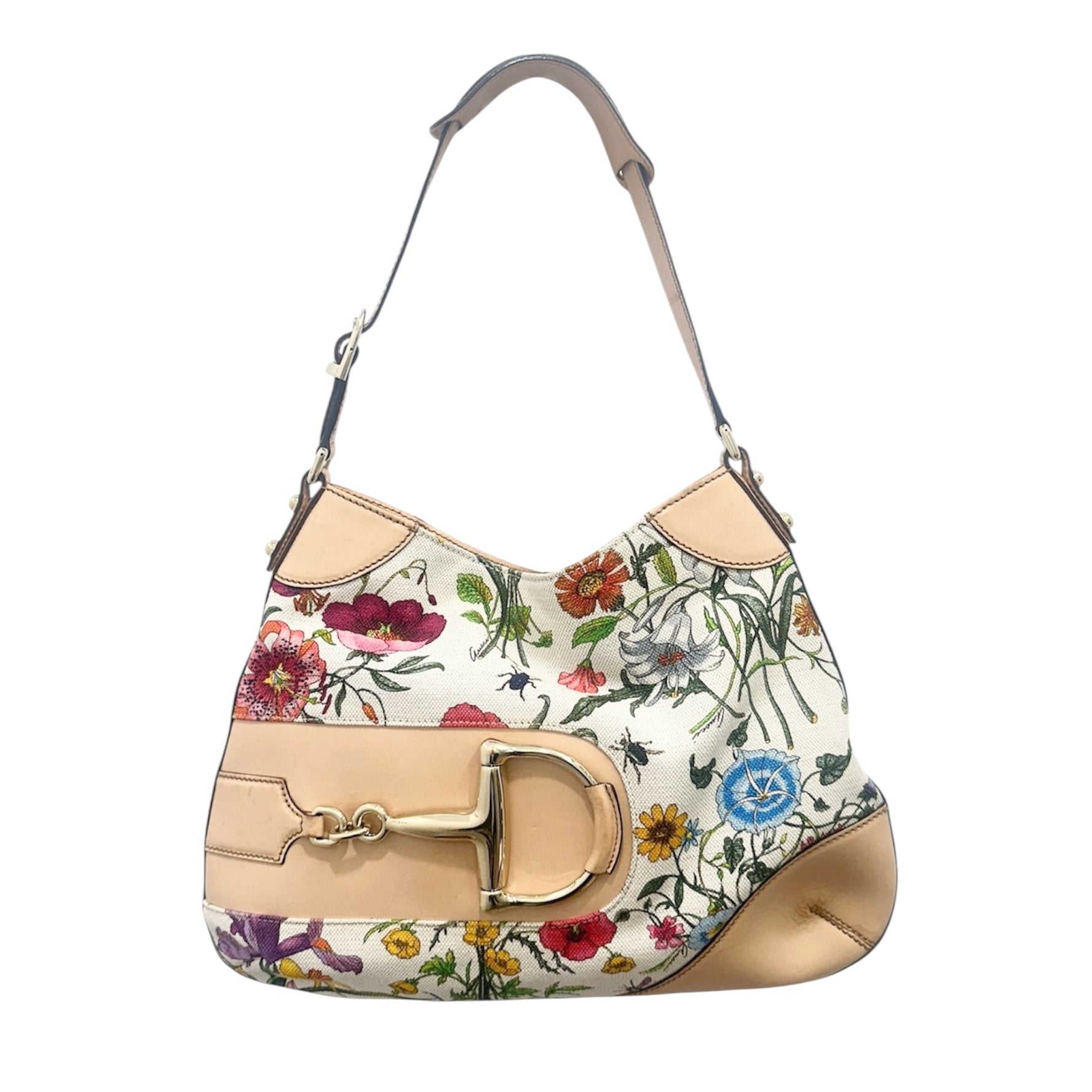 Gucci Horsebit Flora Canvas Shoulder Bag – Floral Hobo with Natural Leather Trim & Gold Hardware
