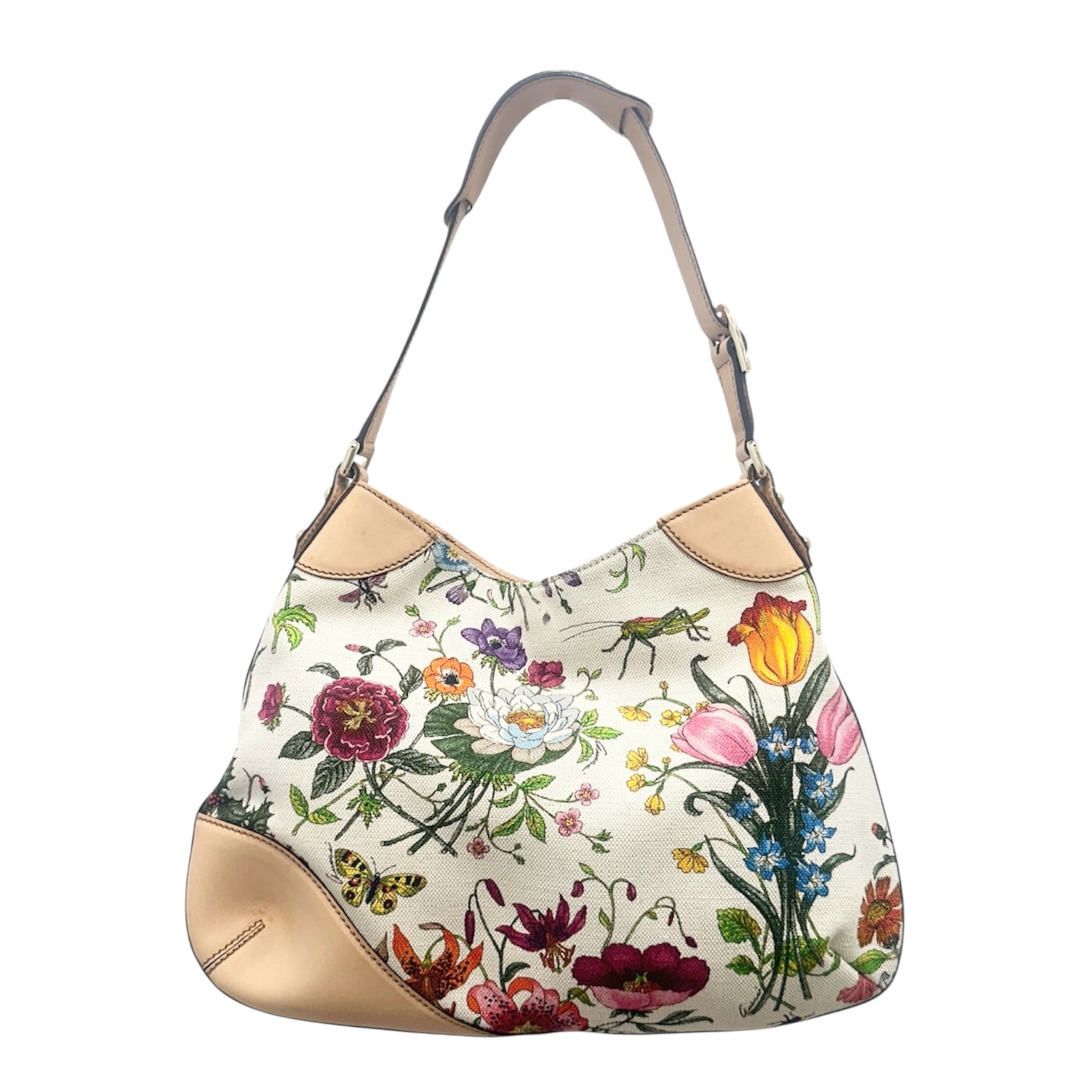 Gucci Horsebit Flora Canvas Shoulder Bag – Floral Hobo with Natural Leather Trim & Gold Hardware