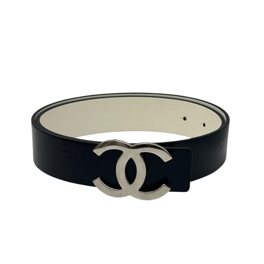 Authentic Chanel Black Leather Belt with B22 Silver CC Logo Buckle – Reversible, Timeless Statement
