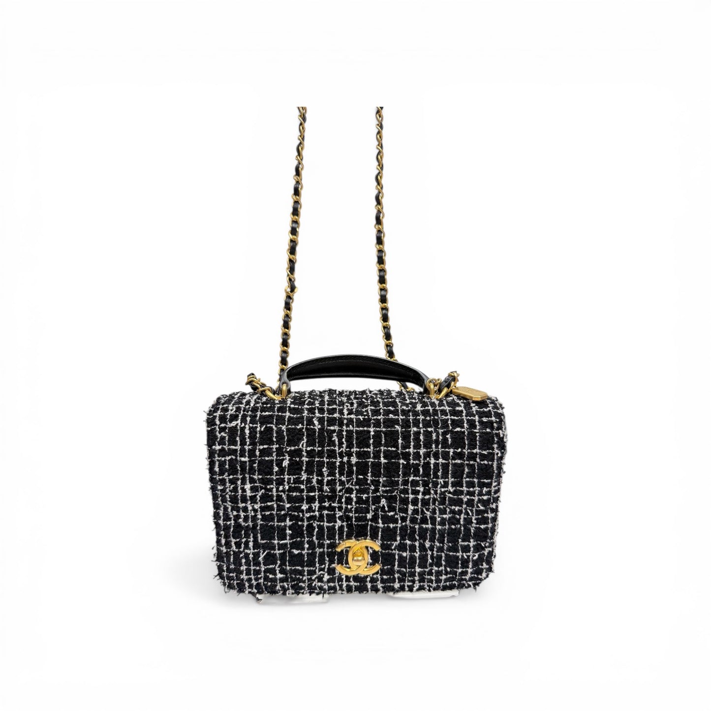 Preowned Mini Tweed Chanel Top  Handle Flap Bag Authenthic