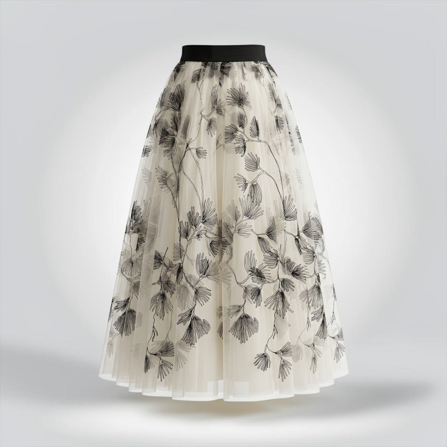 Pre-Owned Brunello Cucinelli Ivory Cream Tulle Black Botanical Floral Embroidered Full Midi Skirt — Size 6 — Pristine | Style Reissue Vancouver