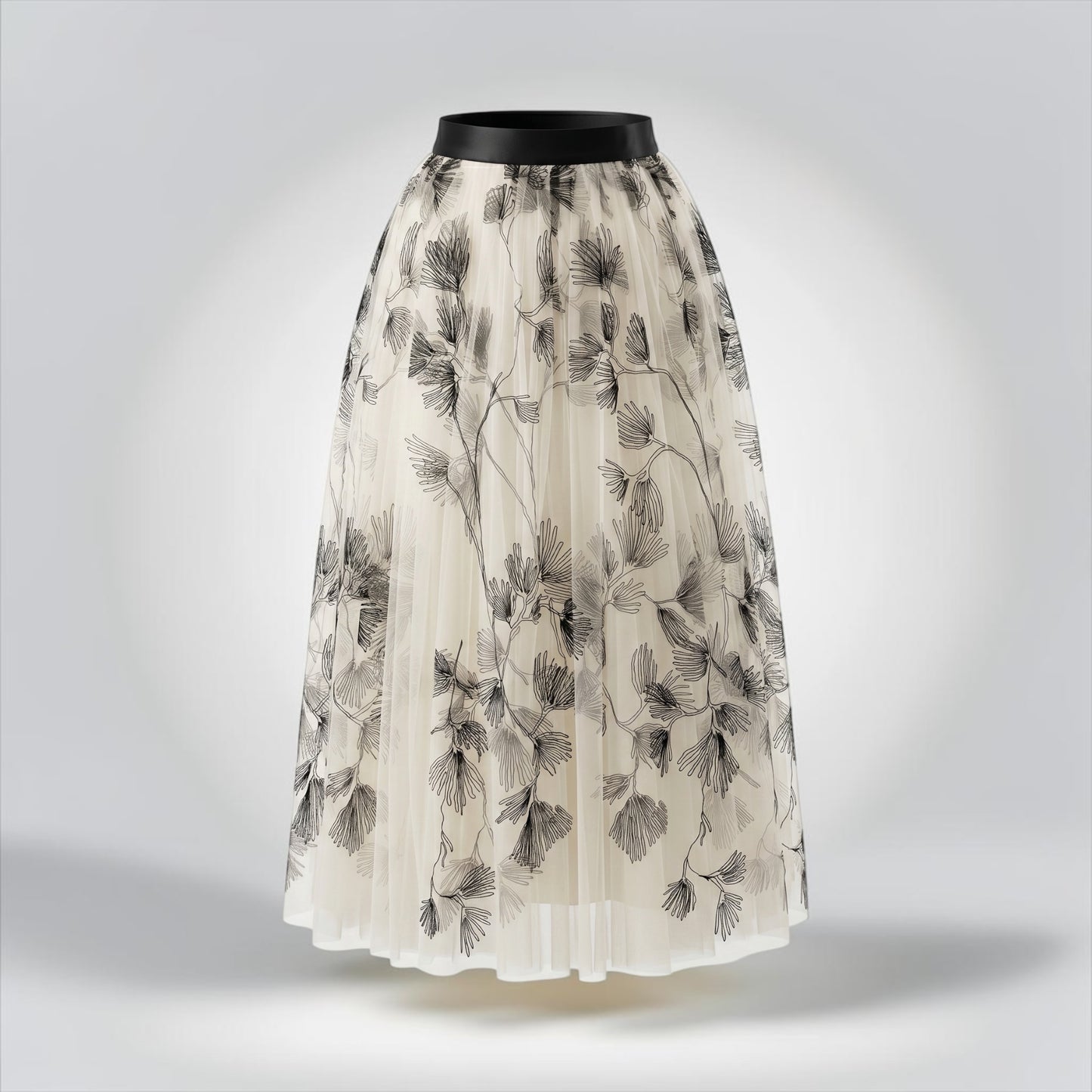 Pre-Owned Brunello Cucinelli Ivory Cream Tulle Black Botanical Floral Embroidered Full Midi Skirt — Size 6 — Pristine | Style Reissue Vancouver