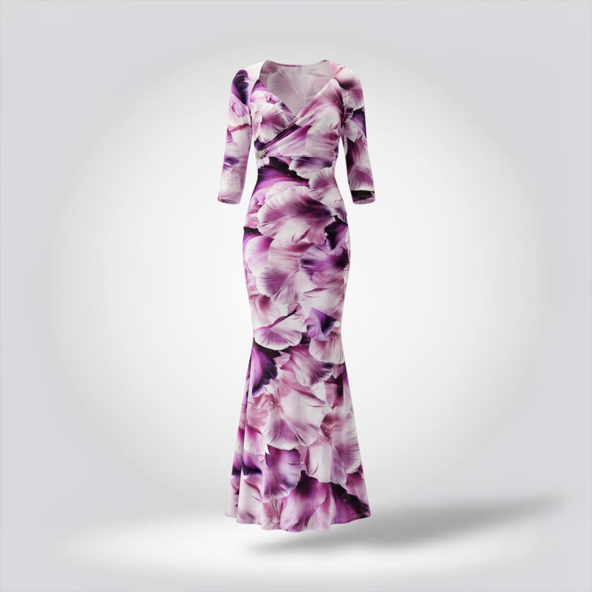 Pre-Owned Roberto Cavalli purple violet floral petal print long sleeve wrap bodice fitted maxi dress — Style Reissue Vancouver