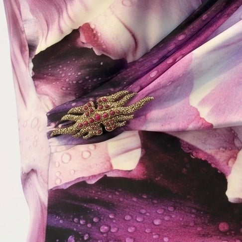 Pre-Owned Roberto Cavalli Purple Violet Floral Petal Print Long Sleeve Wrap Bodice Fitted Maxi Dress — Size 38 —  Style Reissue Vancouver