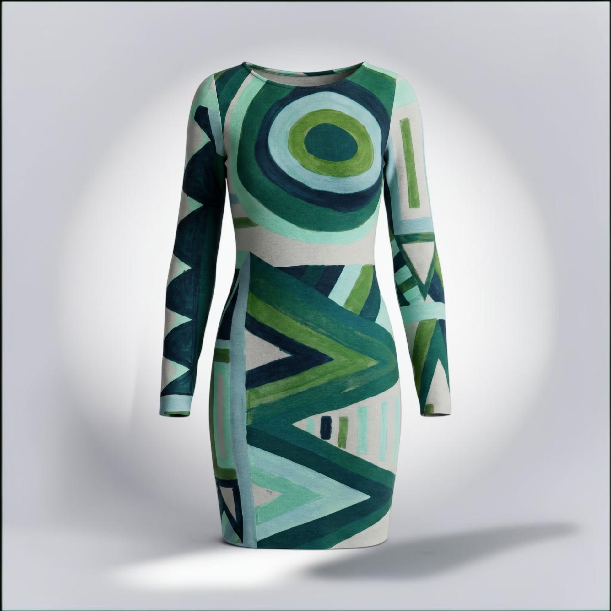 Pre-Owned Emilio Pucci green geometric op-art print long sleeve fitted wool midi dress — Style Reissue Vancouver