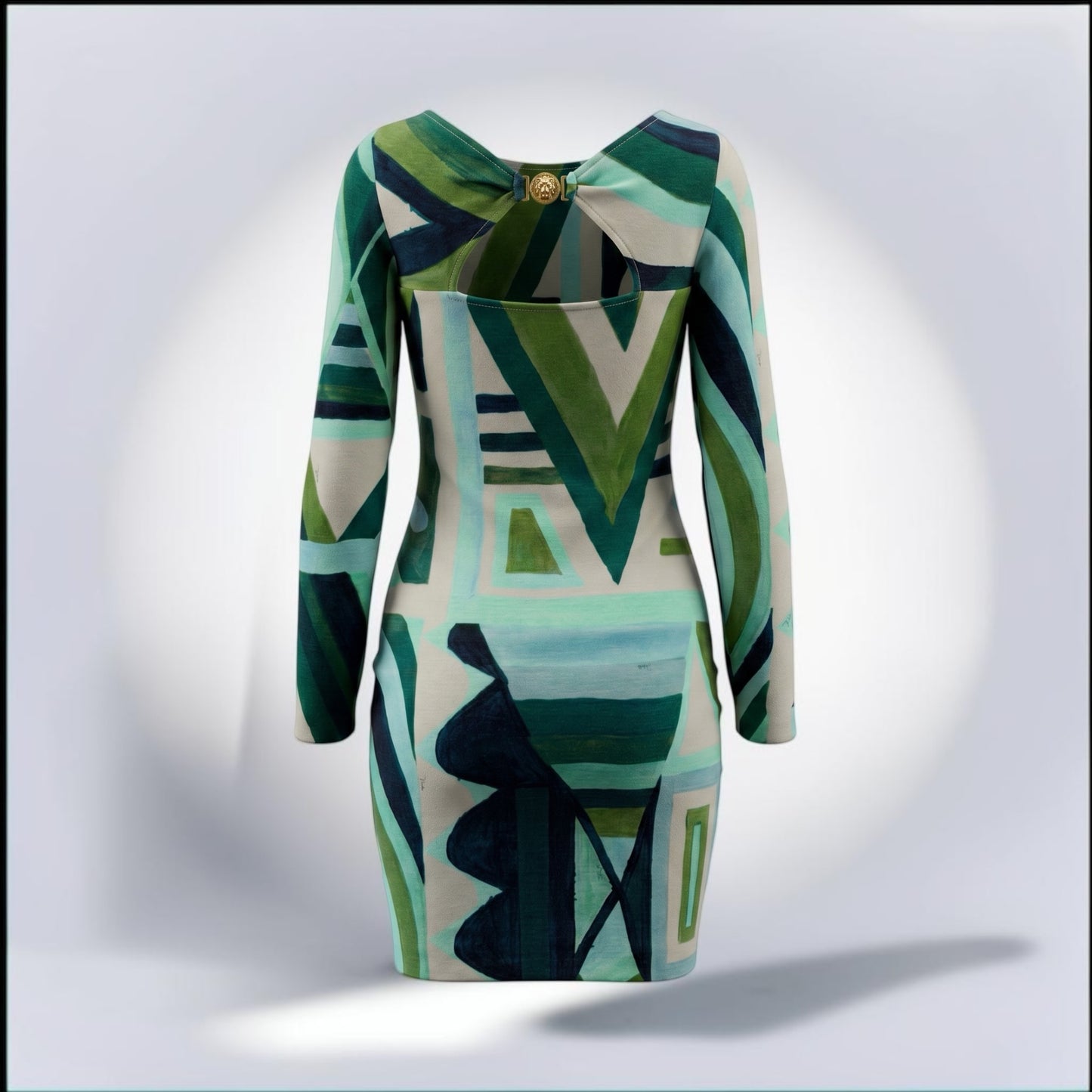 Pre-Owned Emilio Pucci Green Geometric Op-Art Print Long Sleeve Fitted Wool Midi Dress — Size 34 — Very Good | Style Reissue Vancouver