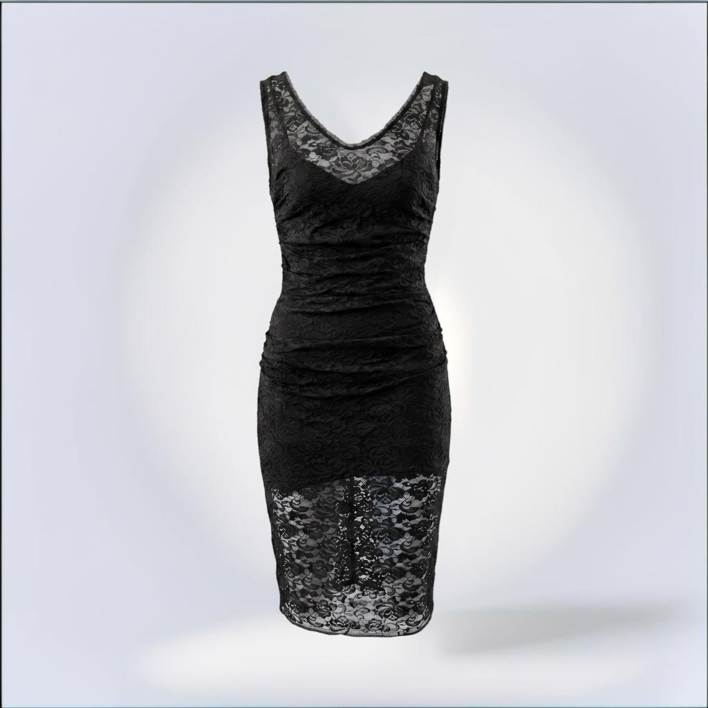 Pre-Owned Dolce & Gabbana black lace sleeveless fitted midi dress V-neck silk lining — Style Reissue Vancouver