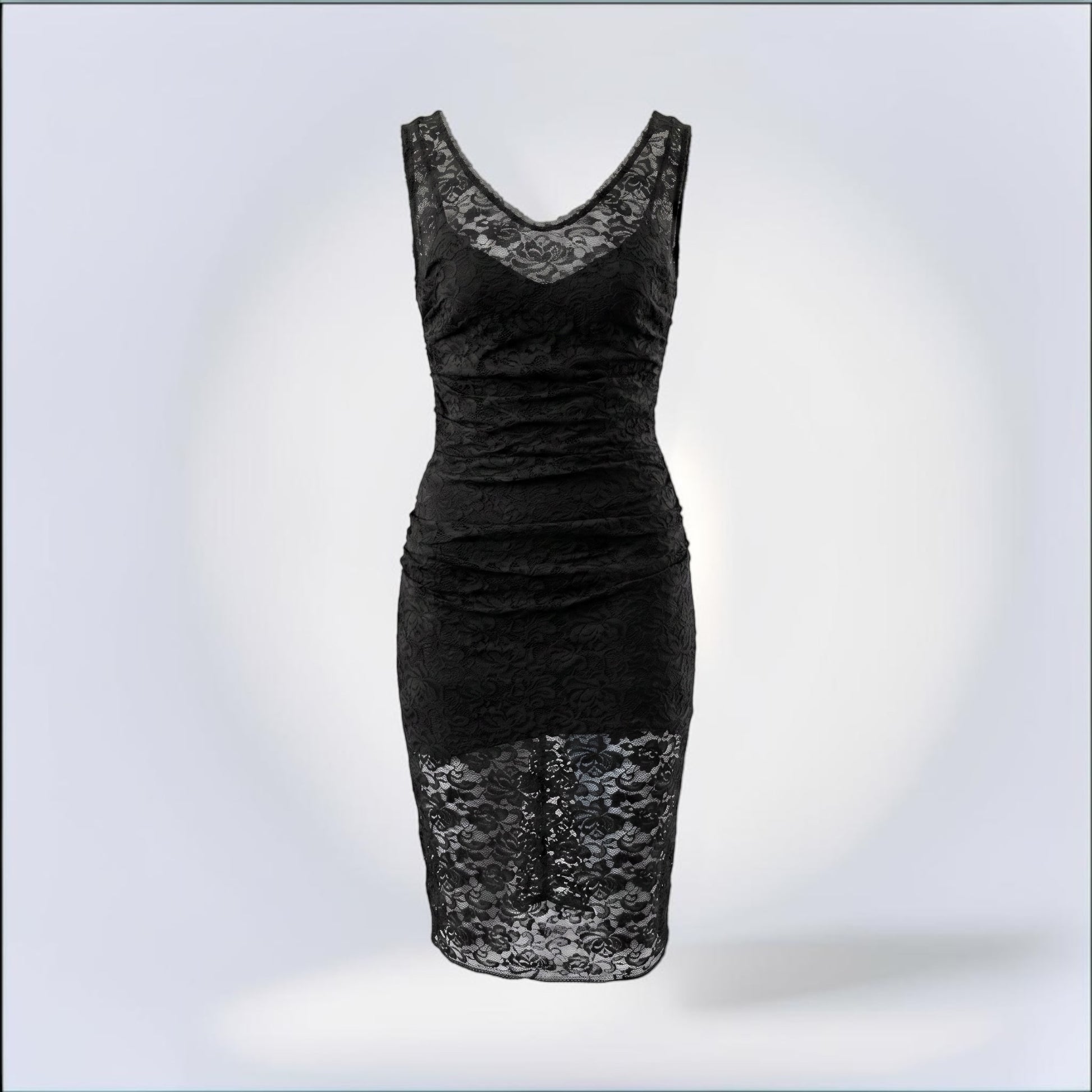 Pre-Owned Dolce & Gabbana black lace sleeveless fitted midi dress V-neck silk lining — Style Reissue Vancouver