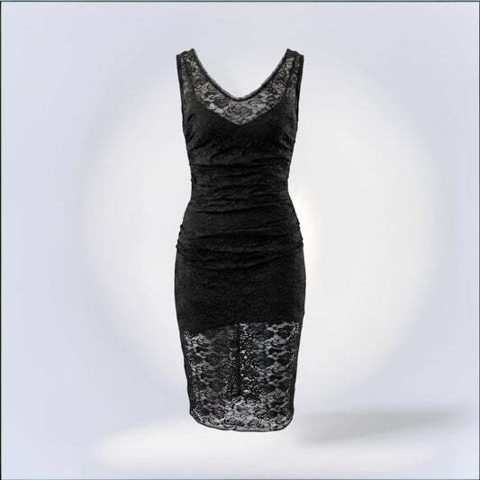 Pre-Owned Dolce & Gabbana black lace sleeveless fitted midi dress V-neck silk lining — Style Reissue Vancouver