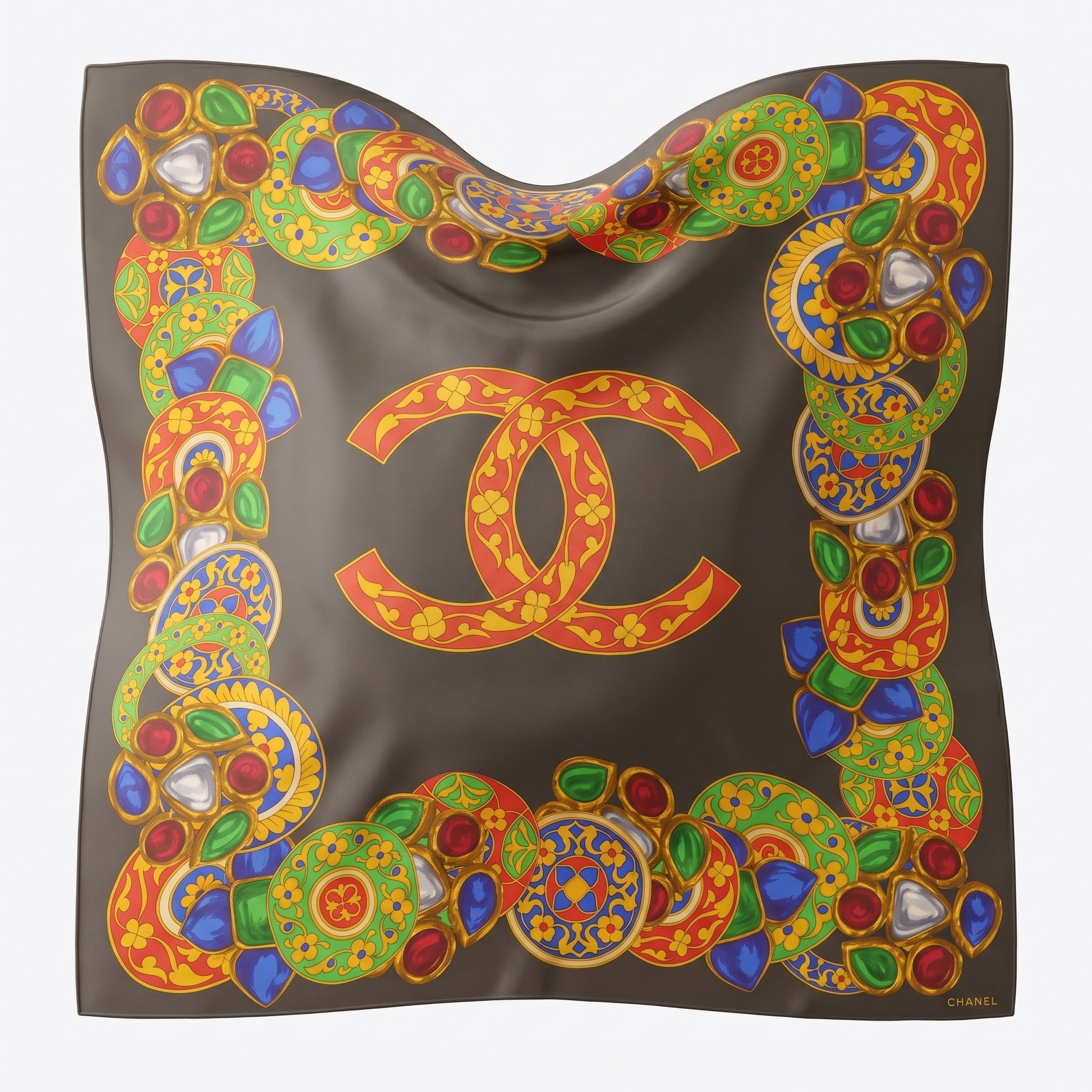 Pre-Owned Chanel 1980s vintage brown silk scarf CC logo gemstone print gold border 95cm made in Italy — Style Reissue Vancouver