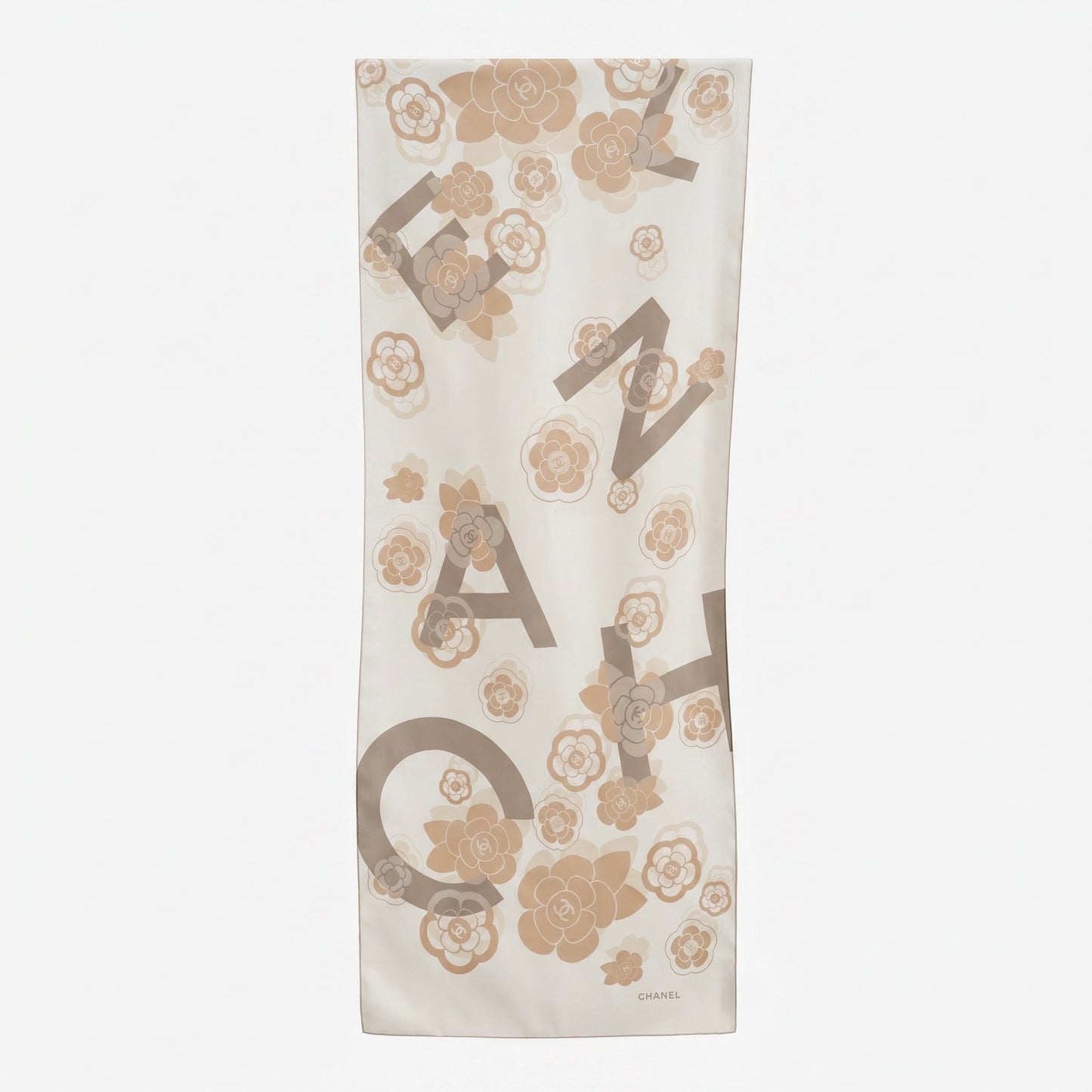 Pre-Owned Chanel ivory white silk scarf scattered Chanel lettering beige Camellia print made in Italy — Style Reissue Vancouver