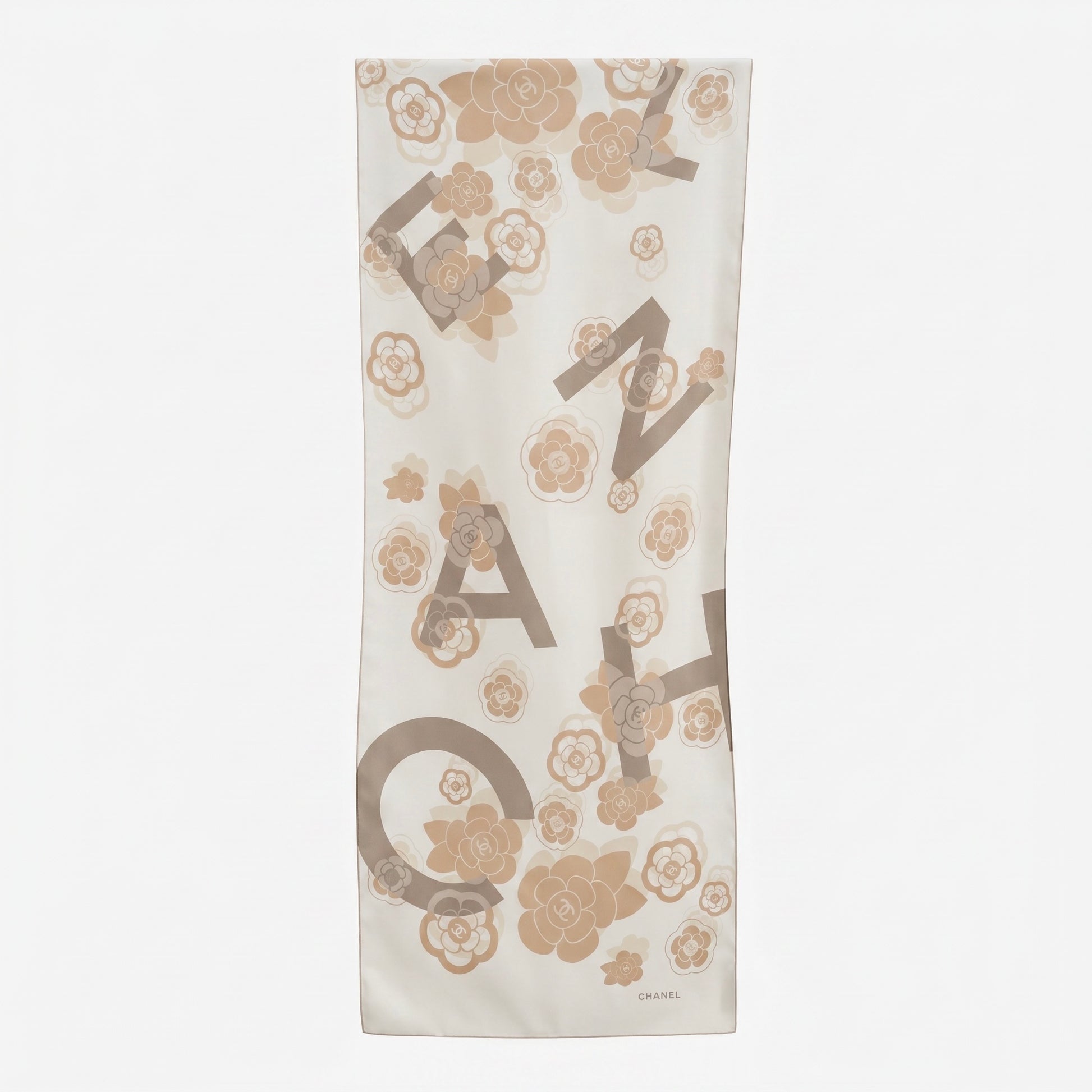 Pre-Owned Chanel ivory white silk scarf scattered Chanel lettering beige Camellia print made in Italy — Style Reissue Vancouver