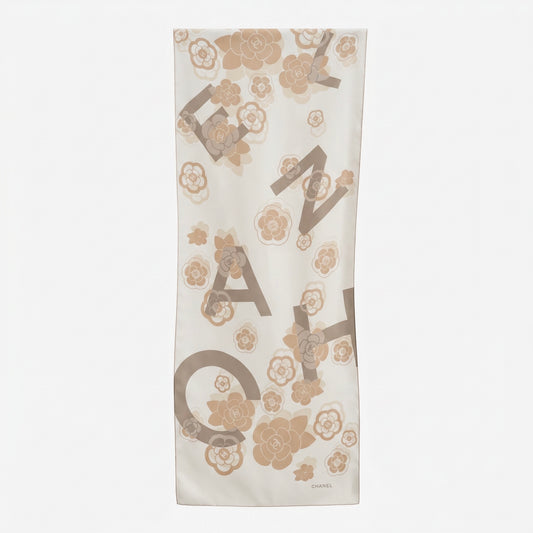 Pre-Owned Chanel ivory white silk scarf scattered Chanel lettering beige Camellia print made in Italy — Style Reissue Vancouver