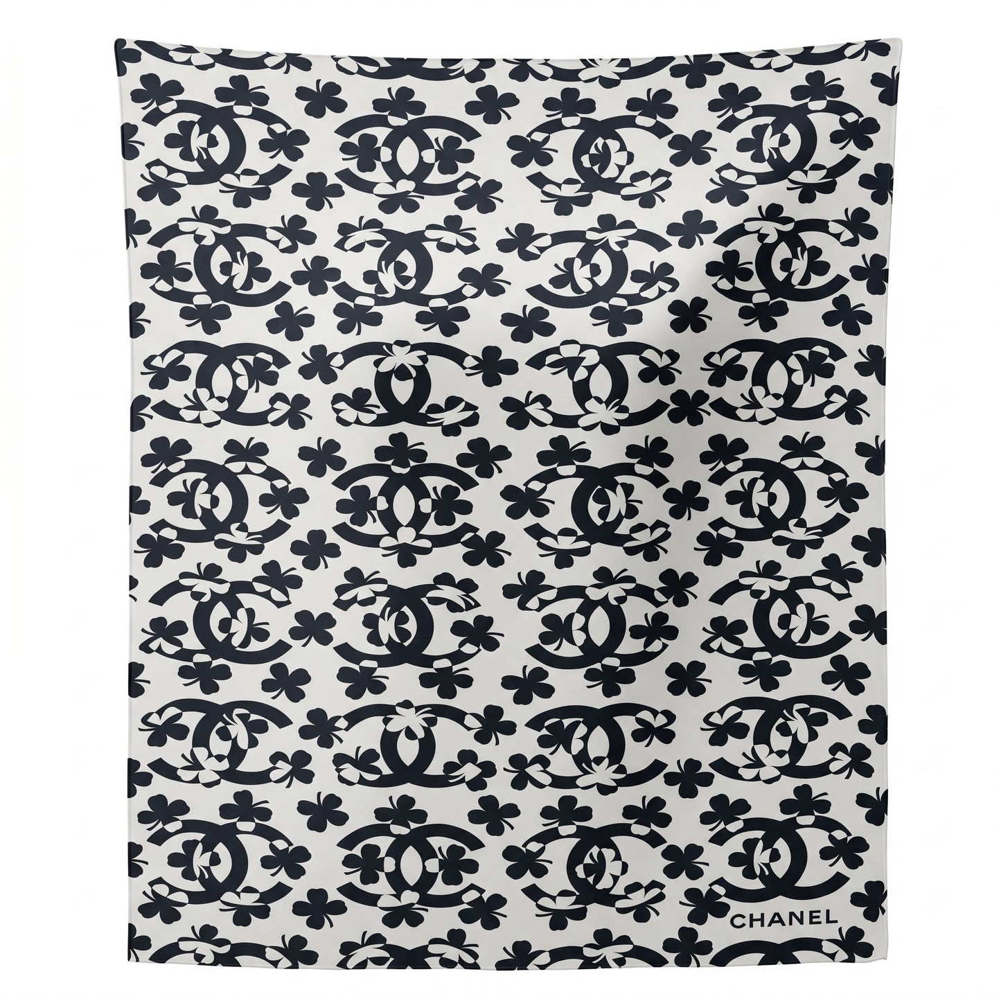 Pre-Owned Chanel black white repeated CC logo four-leaf clover print silk scarf made in Italy — Style Reissue Vancouver