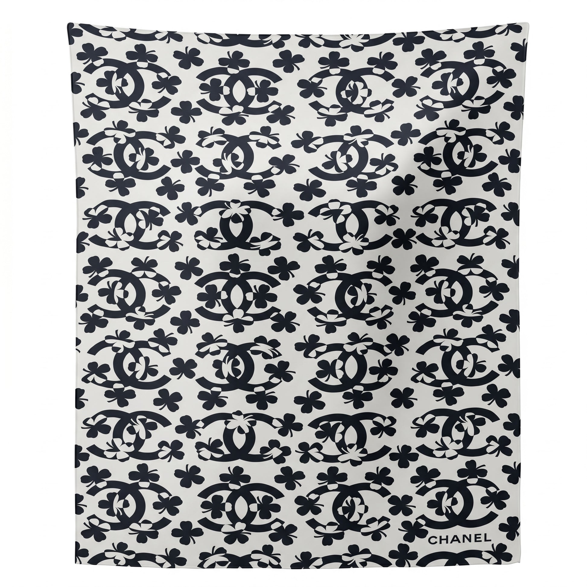 Pre-Owned Chanel black white repeated CC logo four-leaf clover print silk scarf made in Italy — Style Reissue Vancouver