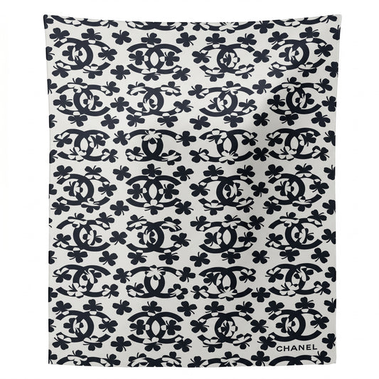 Pre-Owned Chanel black white repeated CC logo four-leaf clover print silk scarf made in Italy — Style Reissue Vancouver