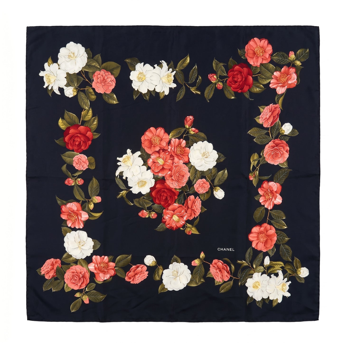 Pre-Owned Chanel navy black silk scarf red pink white Camellia floral border centre bouquet print — Style Reissue Vancouver