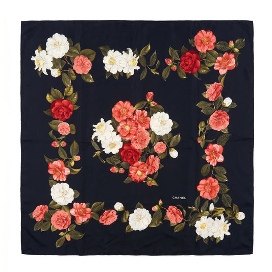 Pre-Owned Chanel navy black silk scarf red pink white Camellia floral border centre bouquet print — Style Reissue Vancouver