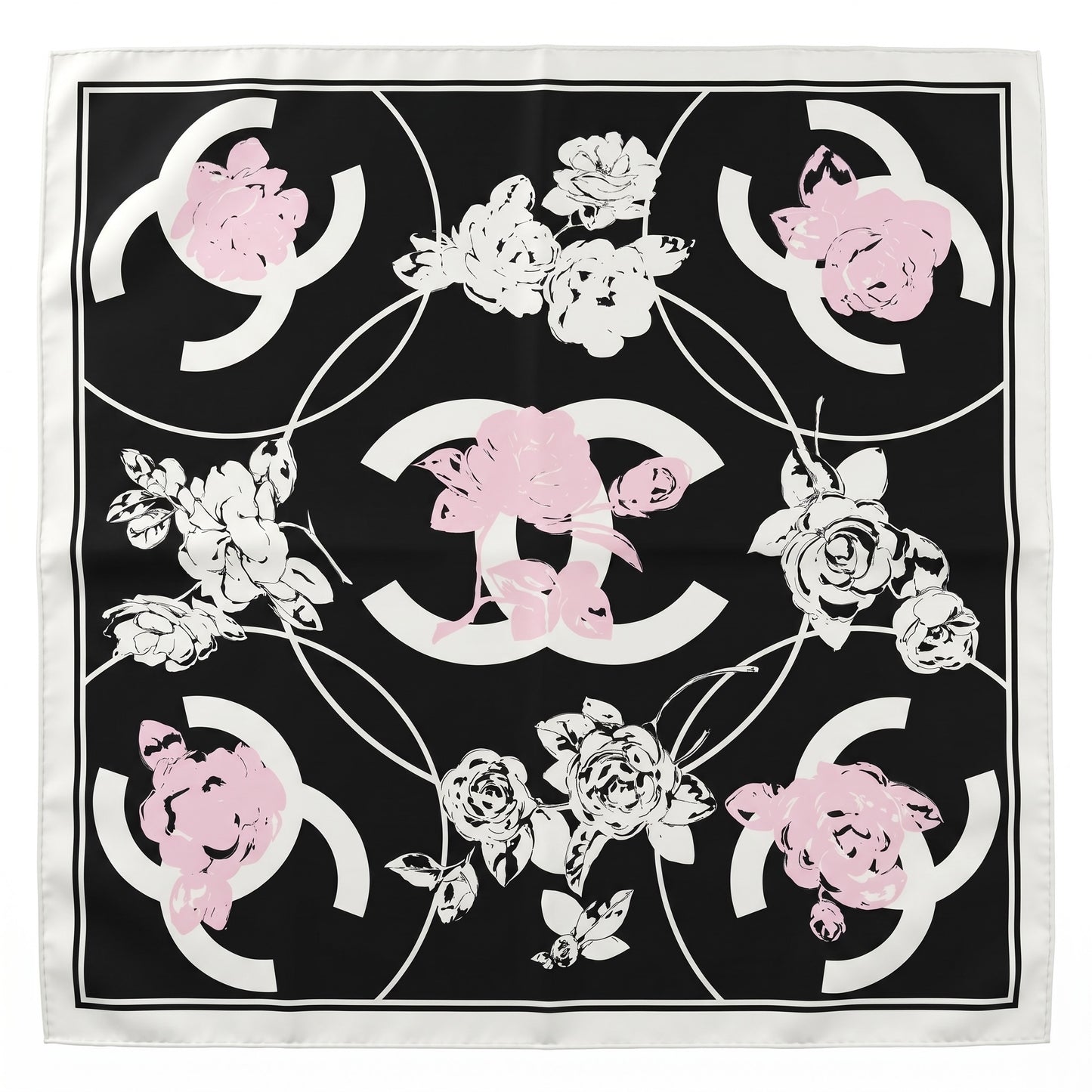 Pre-Owned Chanel black white pink CC logo Camellia floral print silk scarf made in Italy — Style Reissue Vancouver
