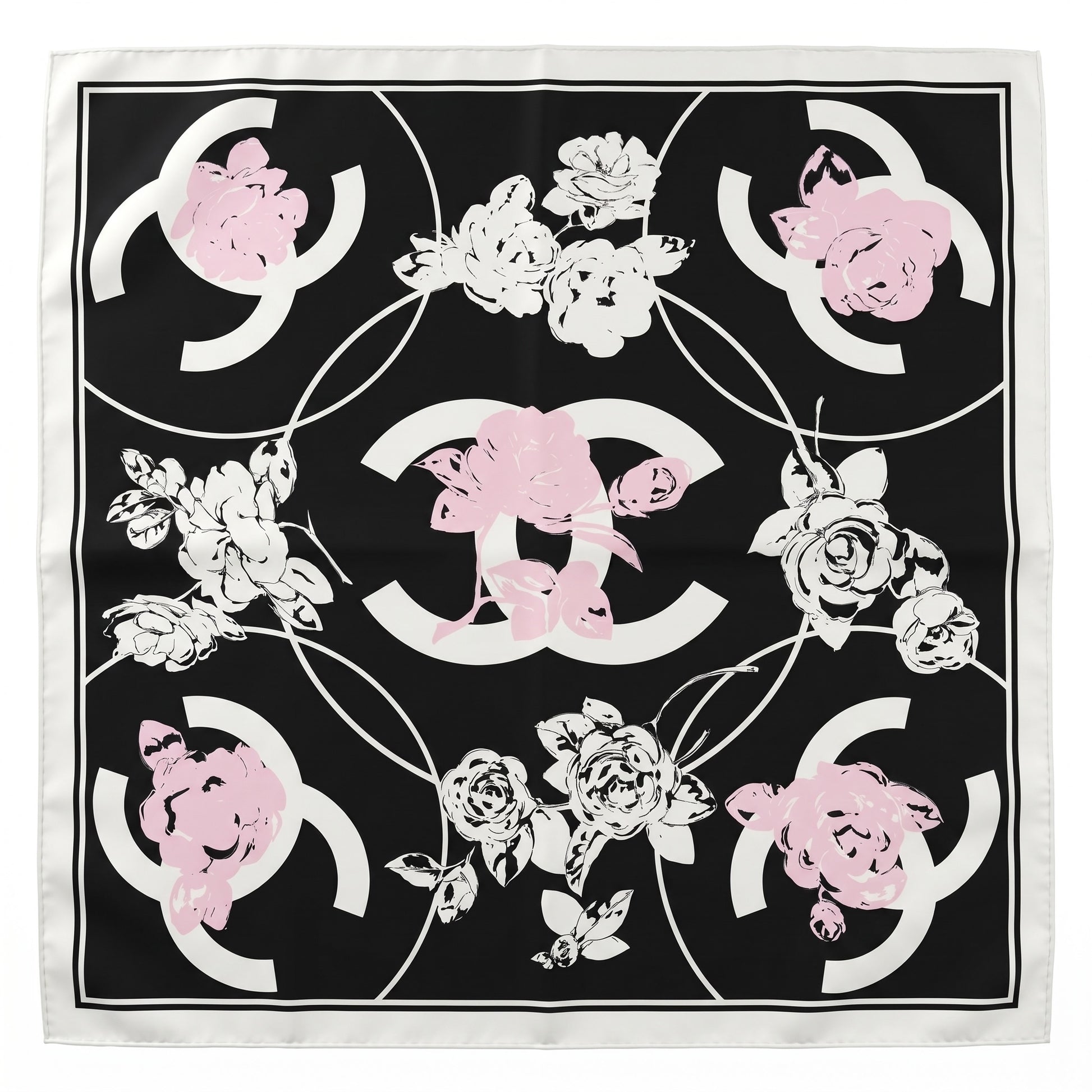 Pre-Owned Chanel black white pink CC logo Camellia floral print silk scarf made in Italy — Style Reissue Vancouver
