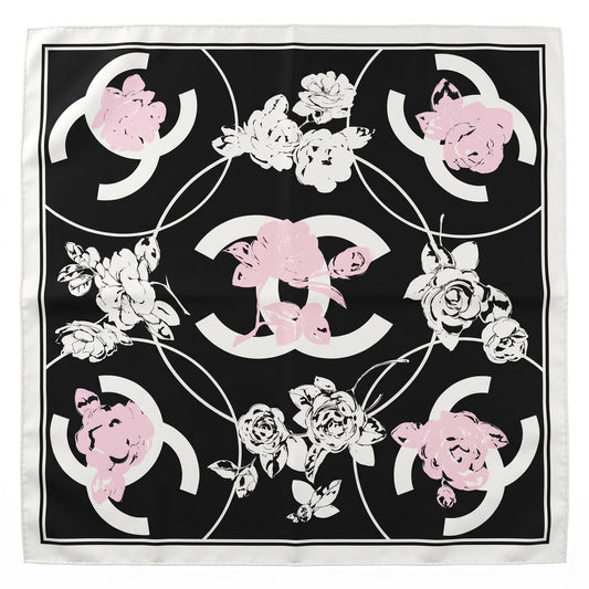 Pre-Owned Chanel black white pink CC logo Camellia floral print silk scarf made in Italy — Style Reissue Vancouver