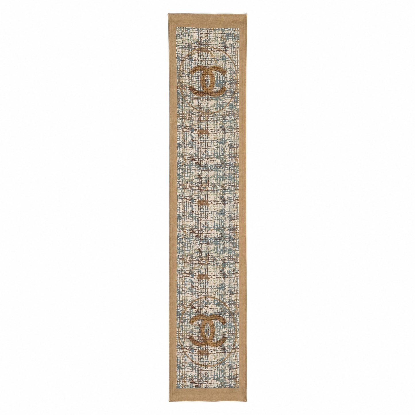 Pre-Owned Chanel blue teal tan tweed effect print scarf gold CC logo medallion tan border — Style Reissue Vancouver