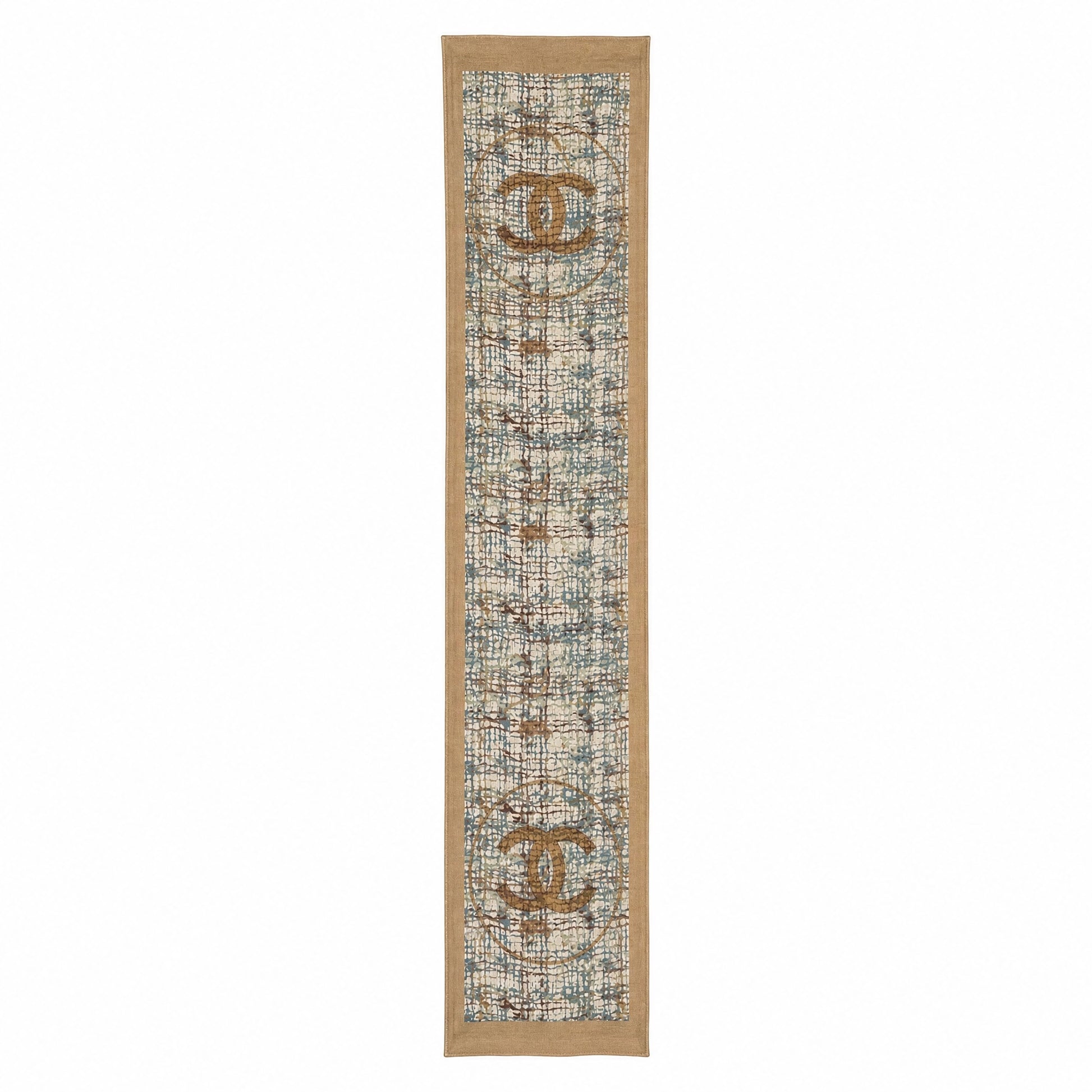 Pre-Owned Chanel blue teal tan tweed effect print scarf gold CC logo medallion tan border — Style Reissue Vancouver