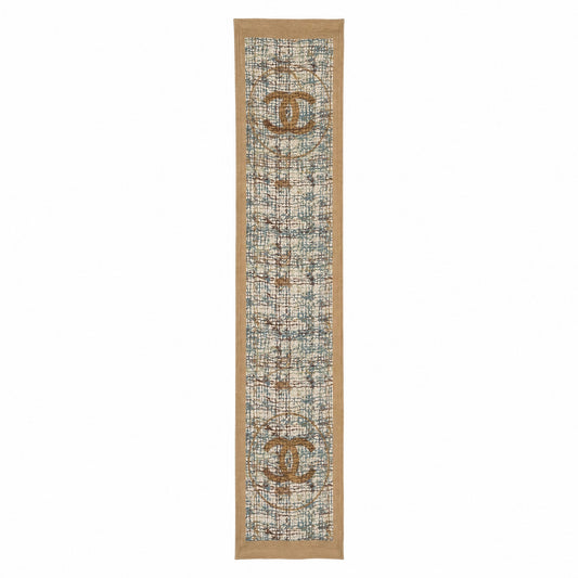 Pre-Owned Chanel blue teal tan tweed effect print scarf gold CC logo medallion tan border — Style Reissue Vancouver