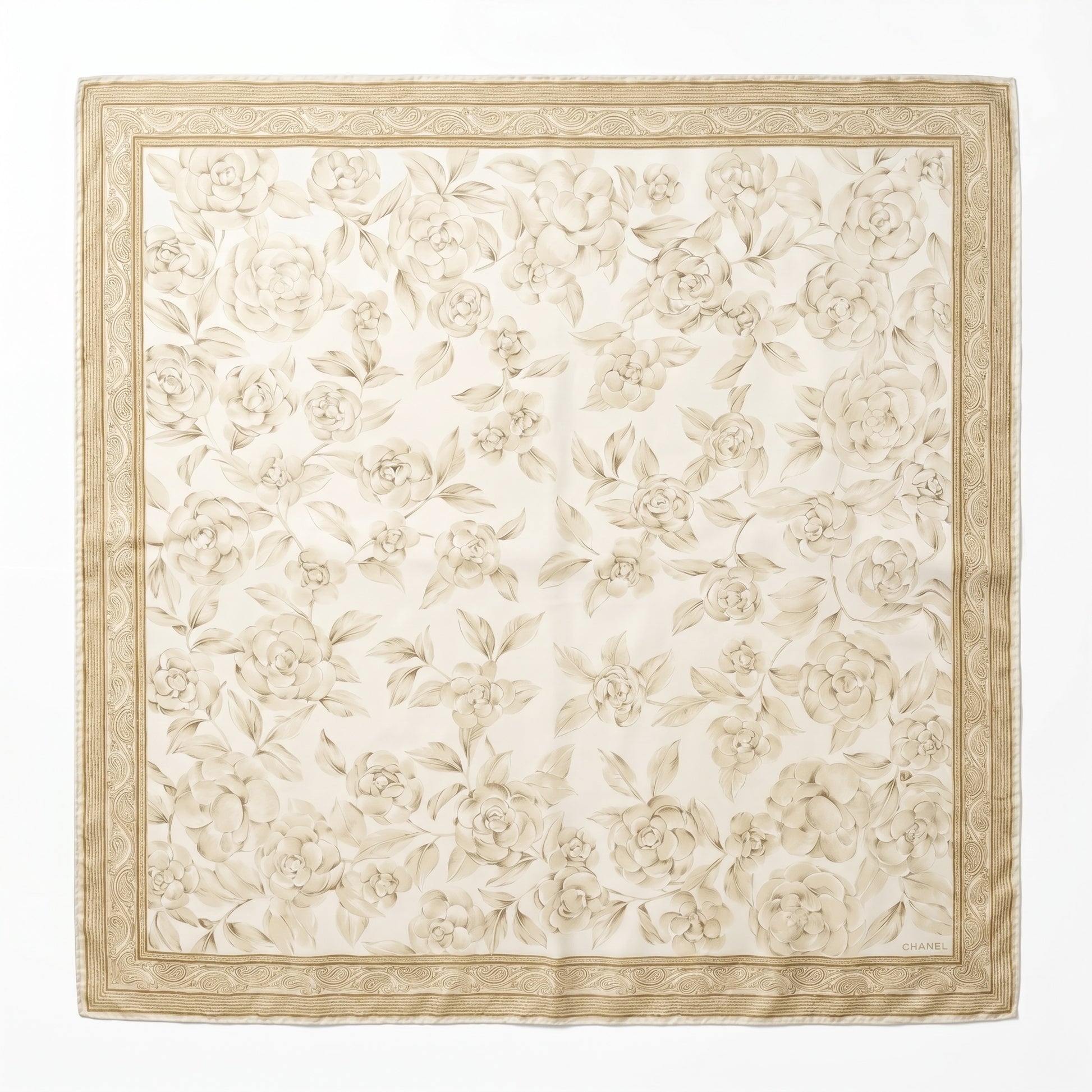 Pre-Owned Chanel ivory cream Camellia floral print silk scarf gold paisley border 99cm — Style Reissue Vancouver
